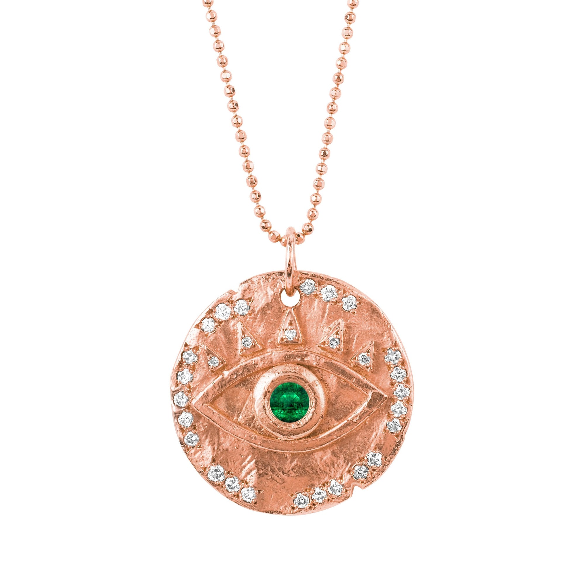 Emerald Eye of Protection Coin Pendant Rose Gold 16 by Logan Hollowell Jewelry