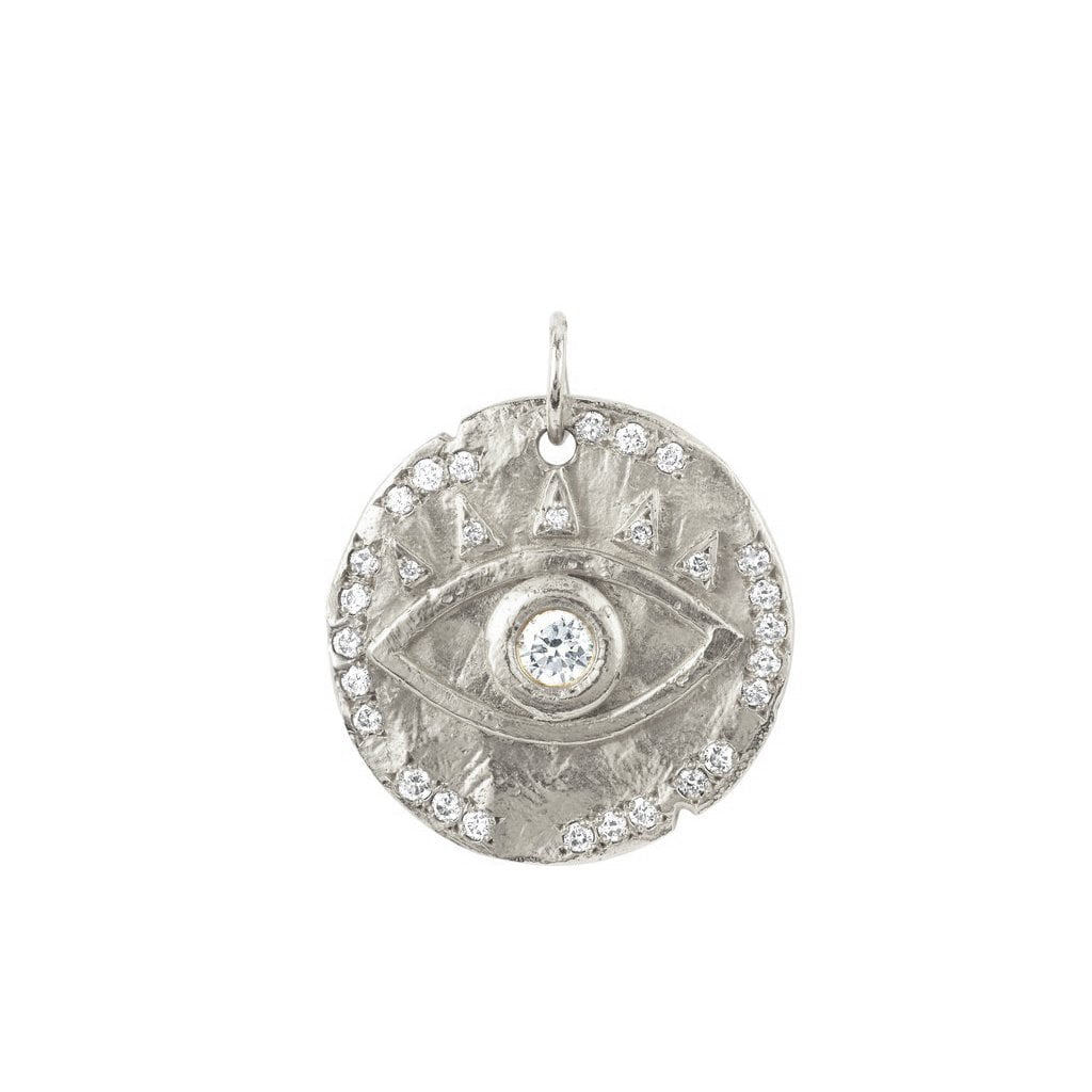 Diamond Eye of Protection Coin Charm White Gold by Logan Hollowell Jewelry
