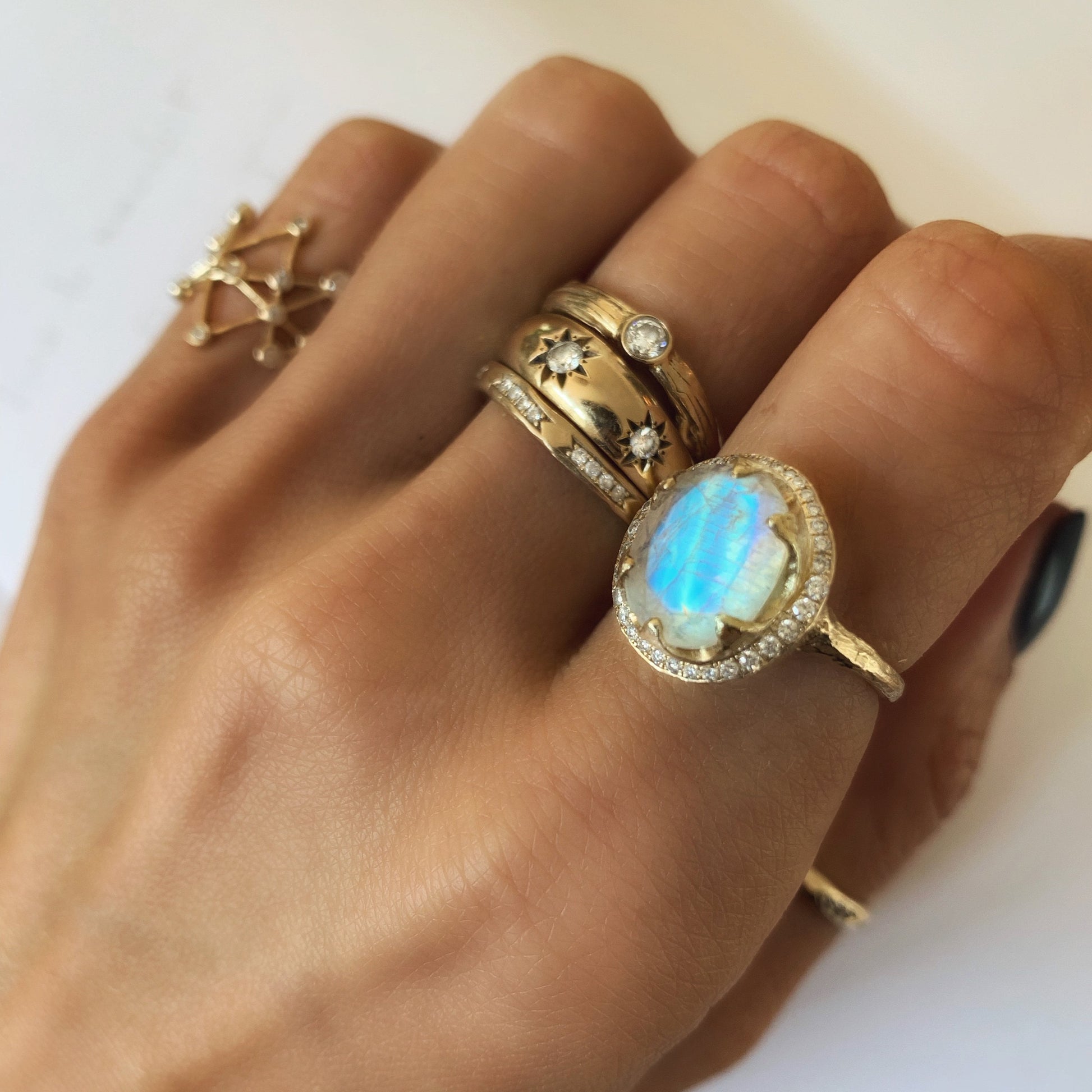 Queen Oval Moonstone Ring with Full Pavé Diamond Halo    by Logan Hollowell Jewelry