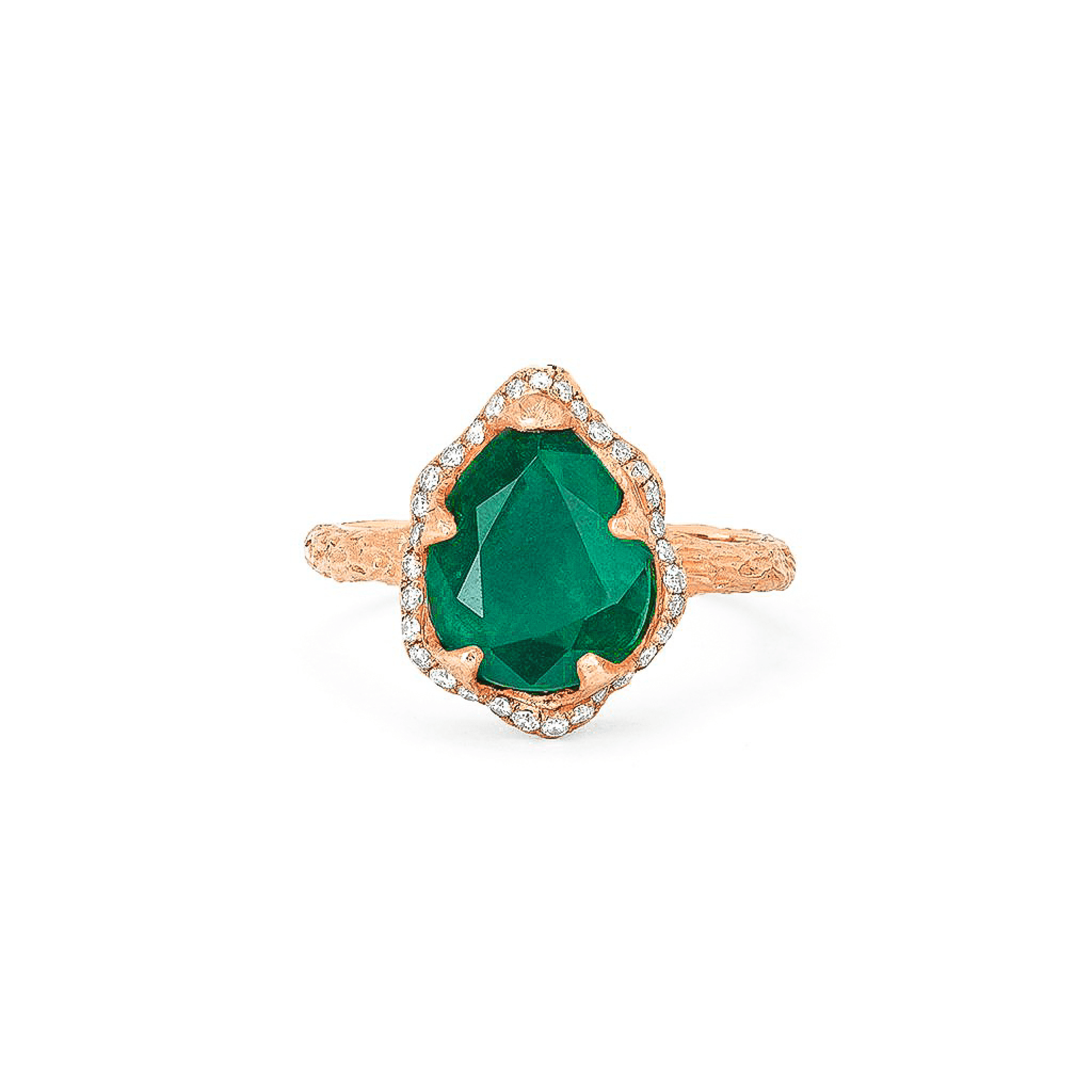 Baby Queen Water Drop Zambian Emerald Ring with Full Pavé Diamond Halo Rose Gold 3  by Logan Hollowell Jewelry