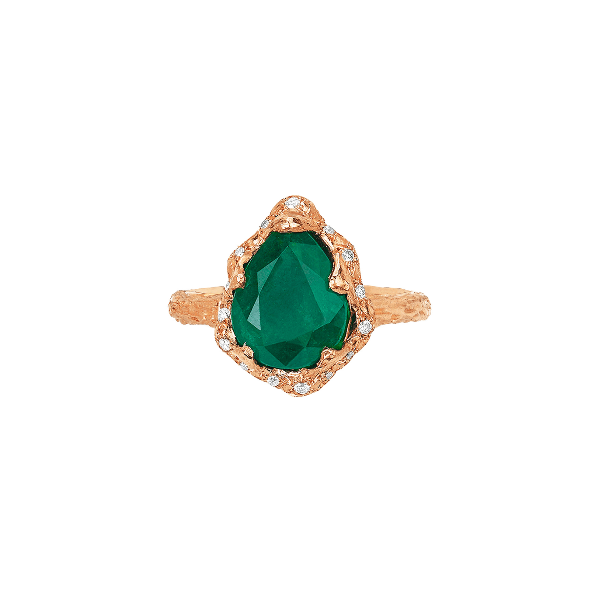 Baby Queen Water Drop Zambian Emerald Ring with Sprinkled Diamonds Rose Gold 3  by Logan Hollowell Jewelry