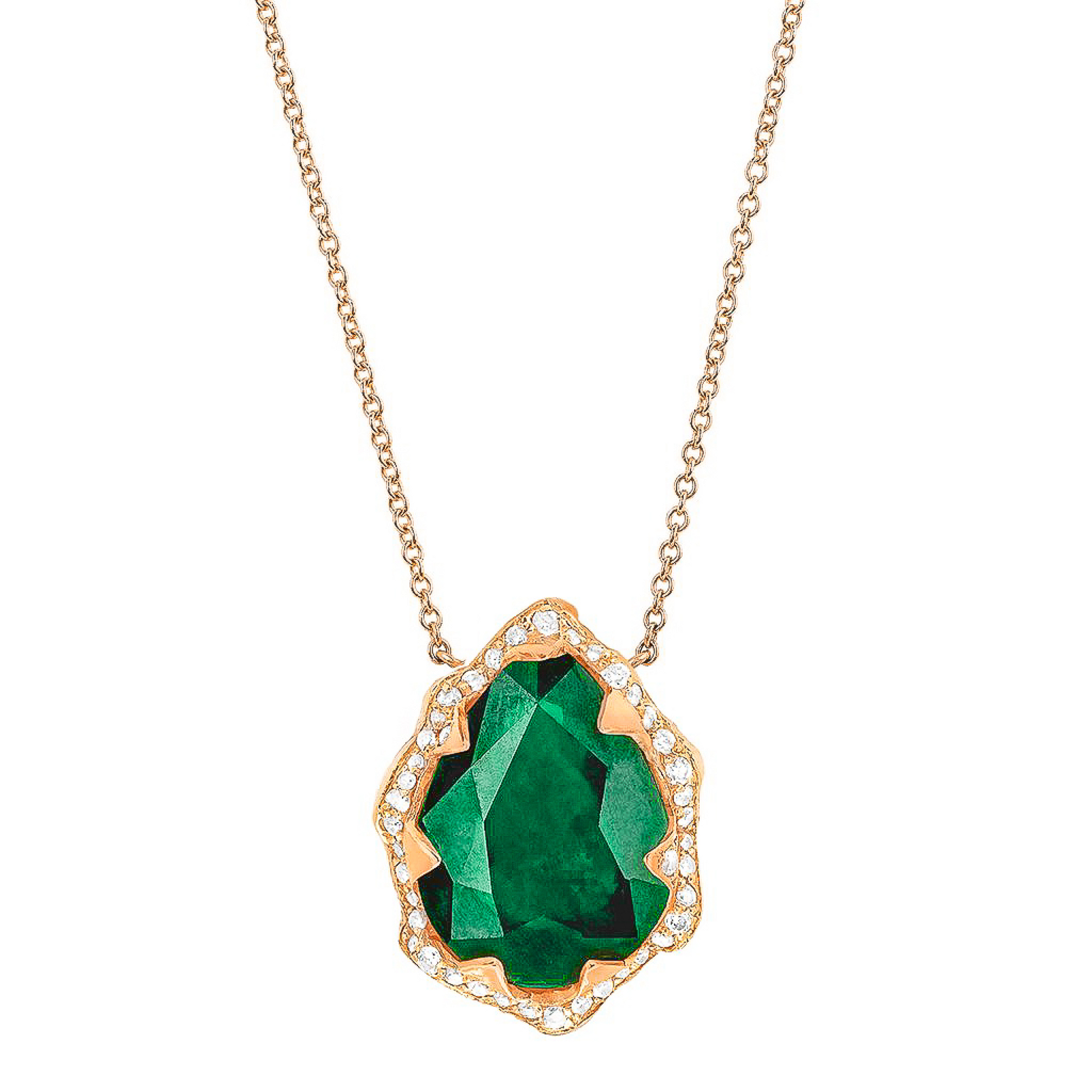 Queen Water Drop Zambian Emerald Necklace with Full Pavé Diamond Halo by Logan Hollowell Jewelry