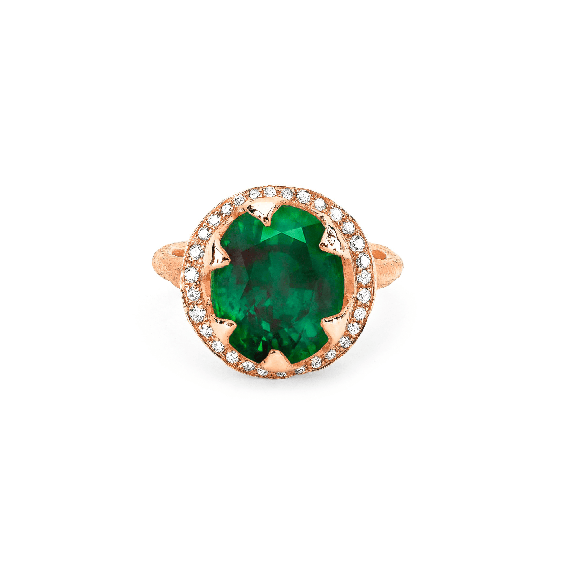 Queen Oval Zambian Emerald Ring with Full Pavé Diamond Halo Rose Gold 3  by Logan Hollowell Jewelry