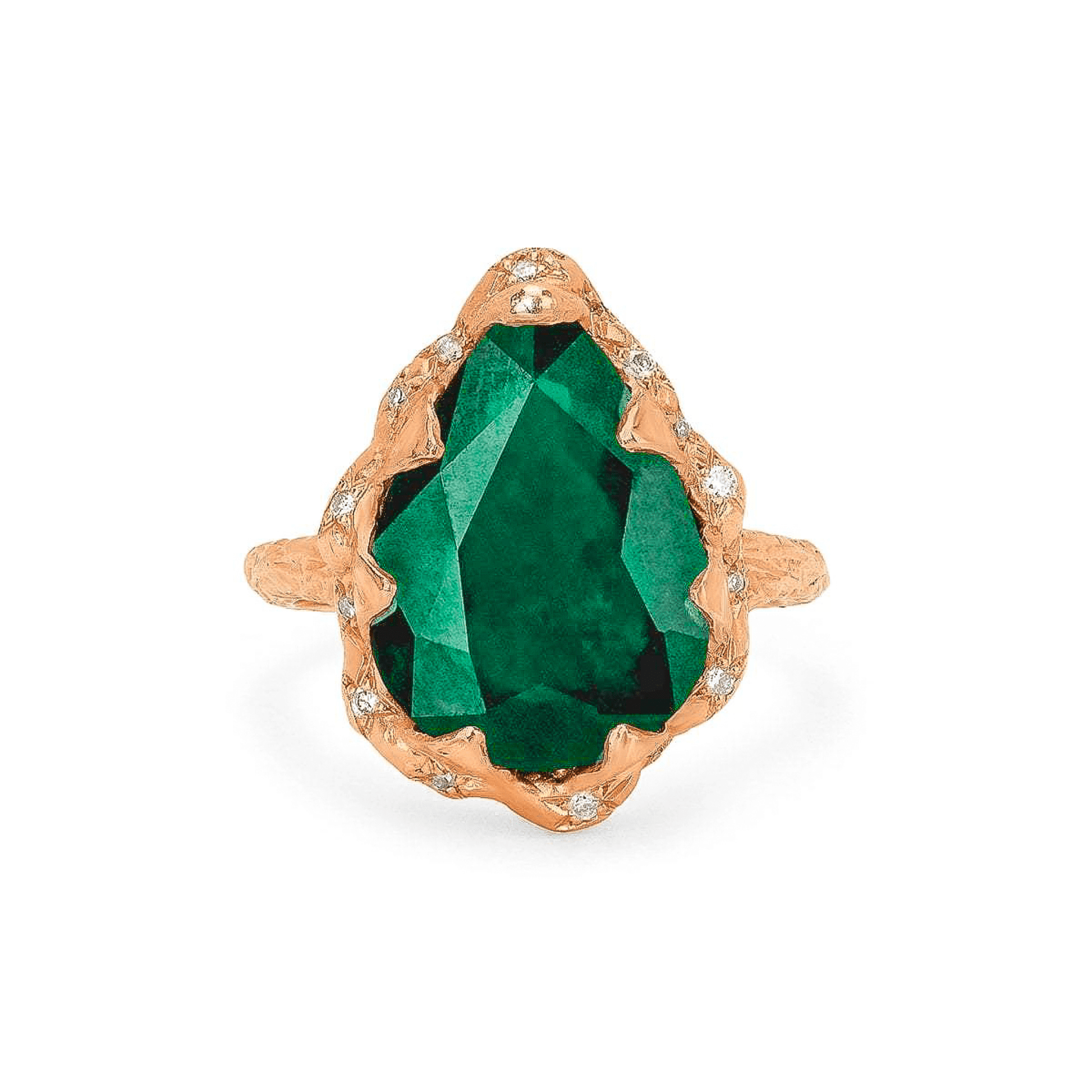 Queen Water Drop Zambian Emerald Ring with Sprinkled Diamonds Rose Gold 3 by Logan Hollowell Jewelry