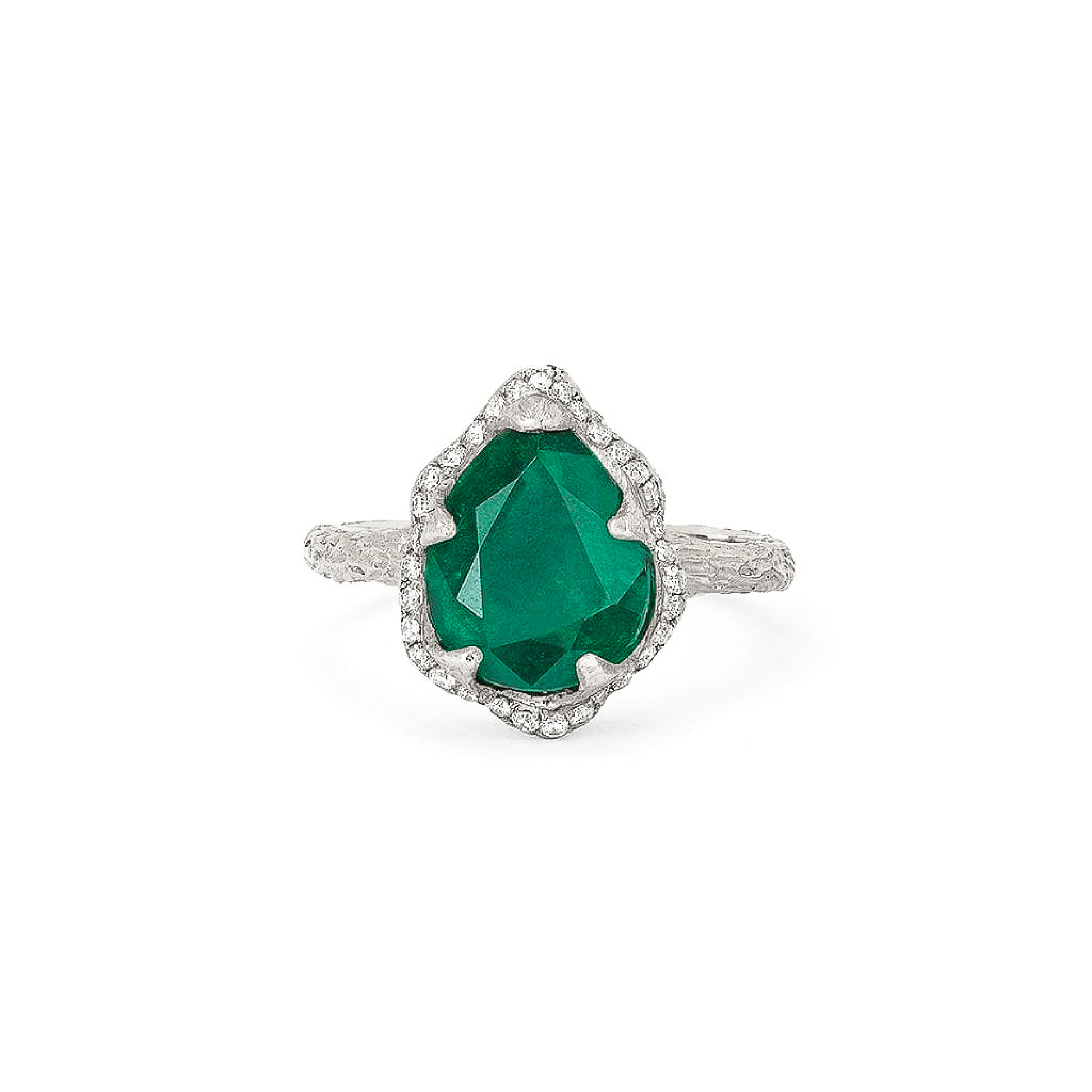 Baby Queen Water Drop Zambian Emerald Ring with Full Pavé Diamond Halo White Gold 3  by Logan Hollowell Jewelry