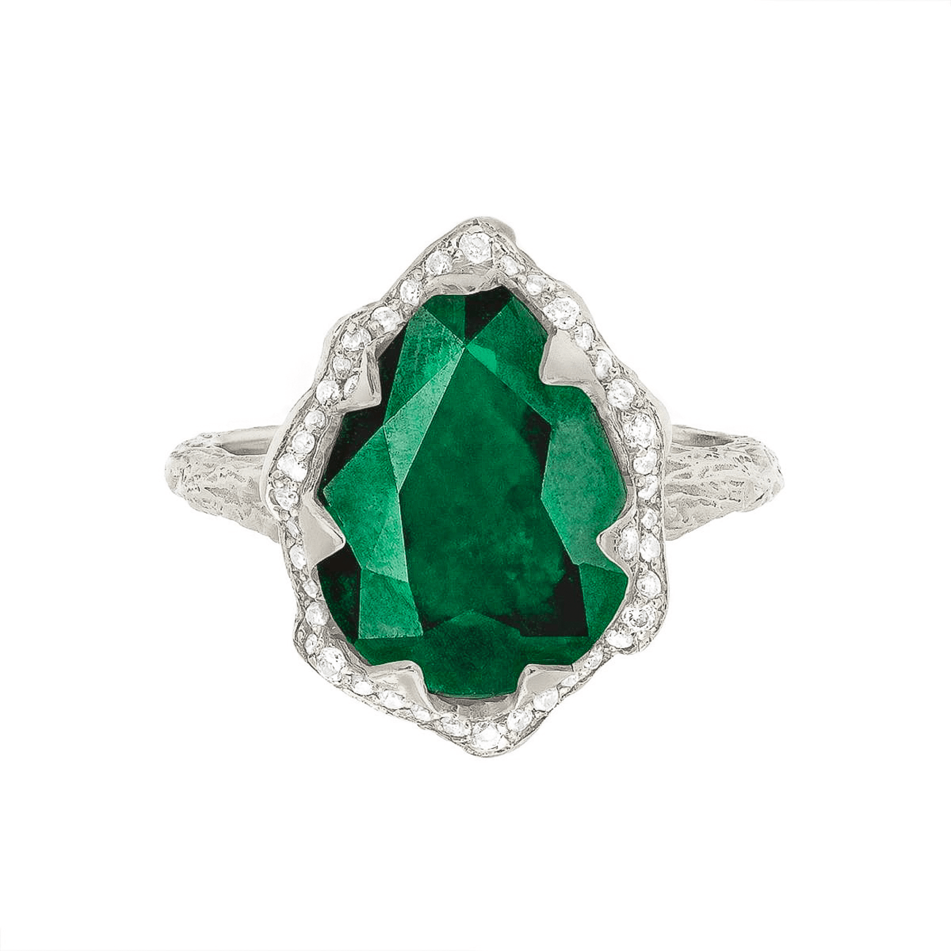 Queen Water Drop Zambian Emerald Ring with Full Pavé Diamond Halo White Gold 3 by Logan Hollowell Jewelry