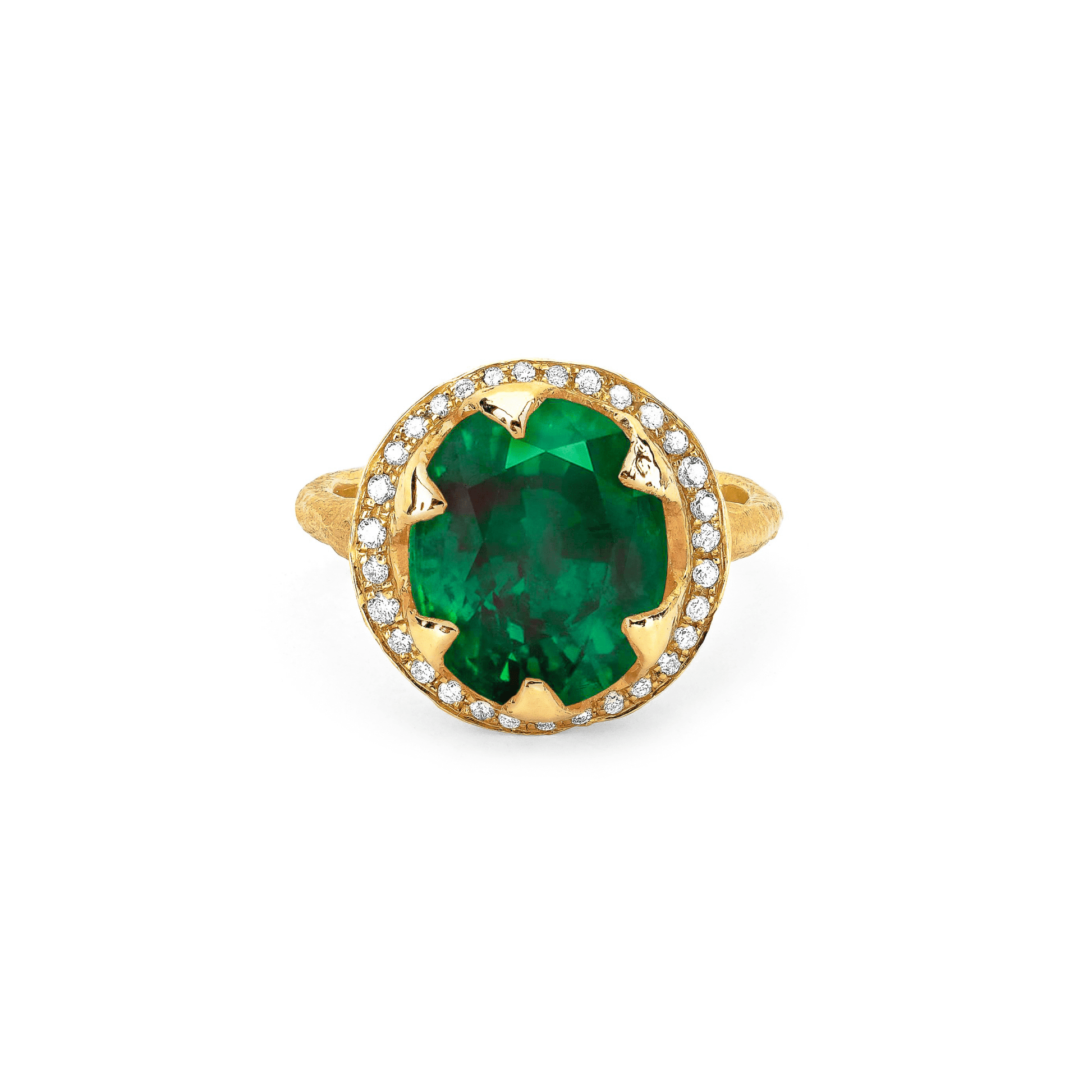 Queen Oval Zambian Emerald Ring with Full Pavé Diamond Halo Yellow Gold 3  by Logan Hollowell Jewelry
