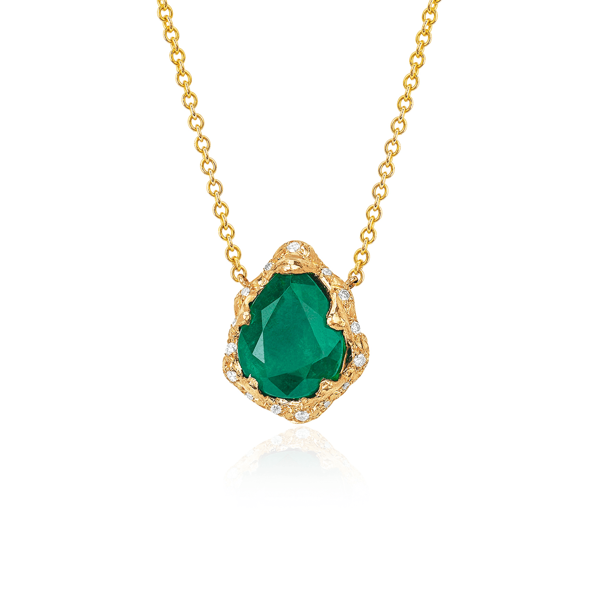Baby Queen Water Drop Emerald Necklace with Sprinkled Diamonds | Ready to Ship Yellow Gold by Logan Hollowell Jewelry