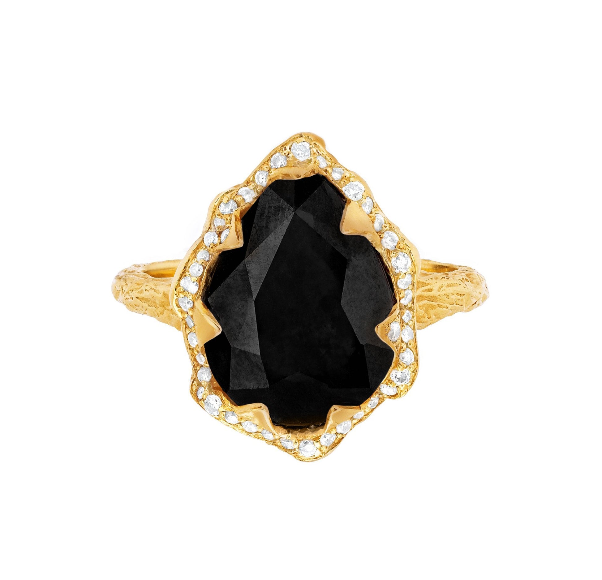 Queen Water Drop Onyx Ring with Full Pavé Diamond Halo Yellow Gold 3 by Logan Hollowell Jewelry