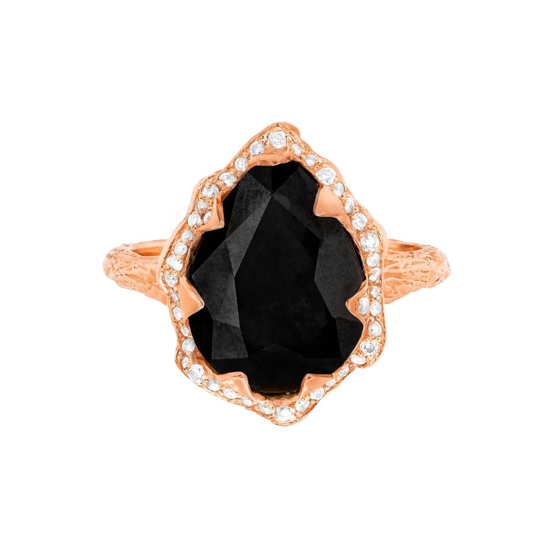 Queen Water Drop Onyx Ring with Full Pavé Diamond Halo Rose Gold 3 by Logan Hollowell Jewelry