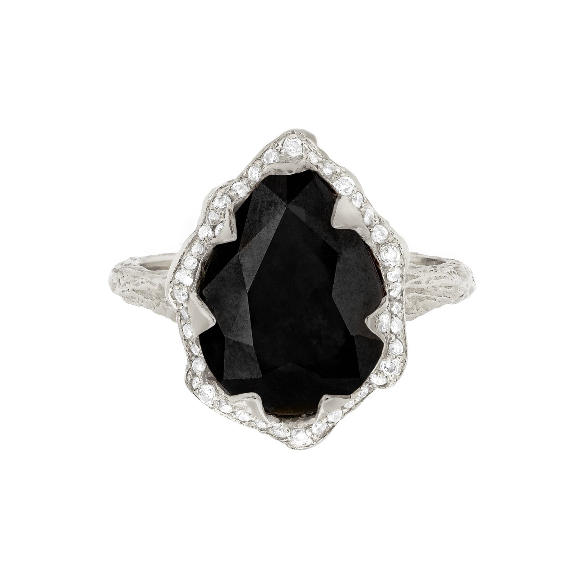Queen Water Drop Onyx Ring with Full Pavé Diamond Halo White Gold 3 by Logan Hollowell Jewelry