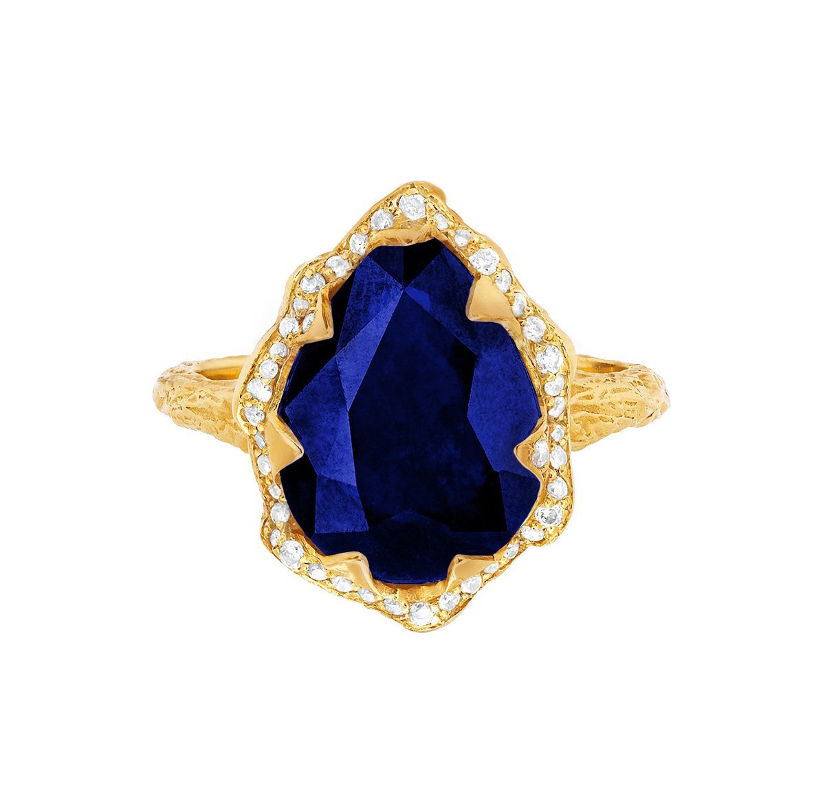 Queen Water Drop Sapphire Ring with Full Pavé Diamond Halo Yellow Gold 3  by Logan Hollowell Jewelry