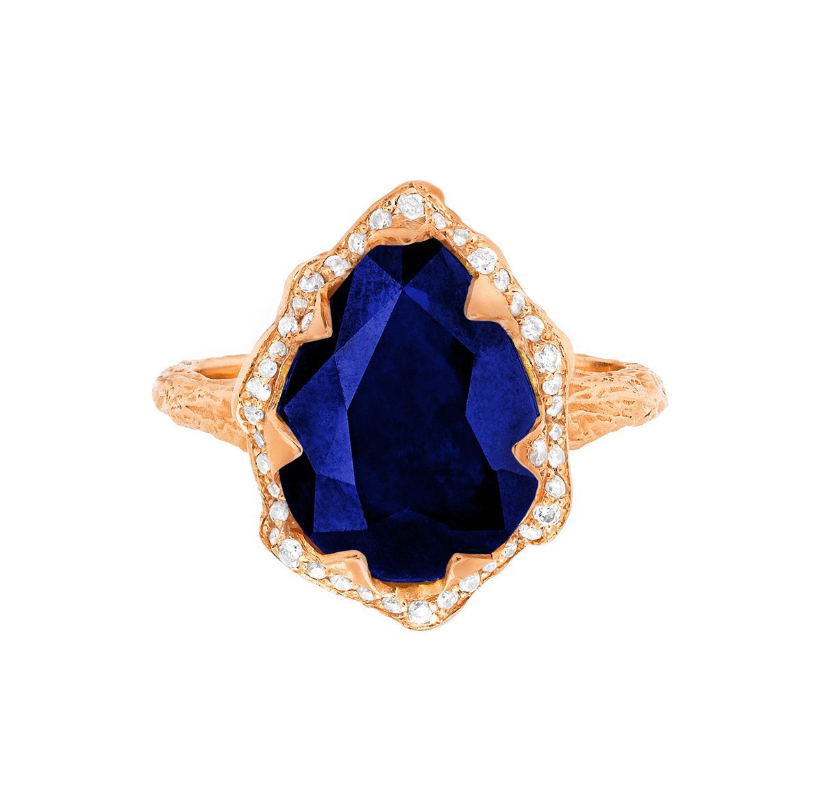 Queen Water Drop Sapphire Ring with Full Pavé Diamond Halo Rose Gold 3  by Logan Hollowell Jewelry