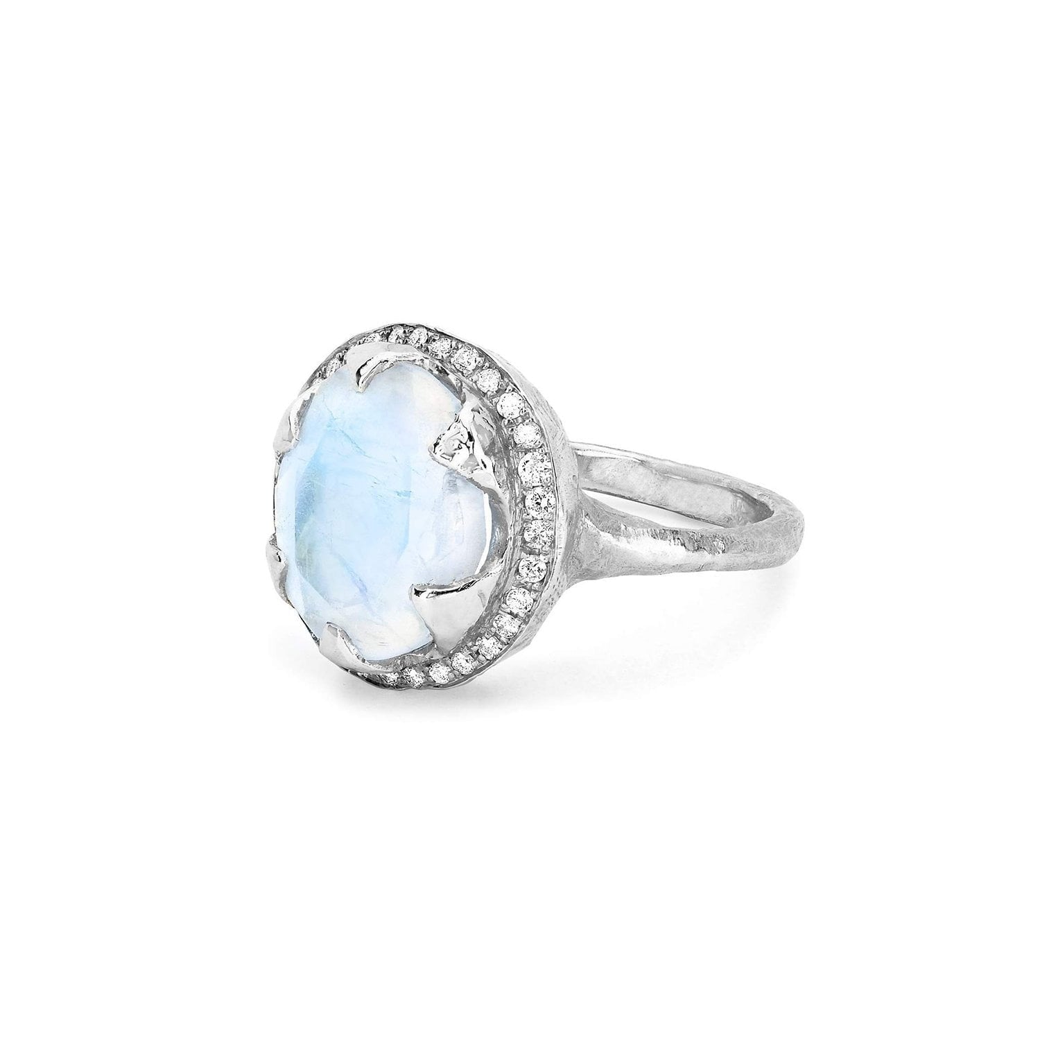 Queen Oval Moonstone Ring with Full Pavé Diamond Halo    by Logan Hollowell Jewelry