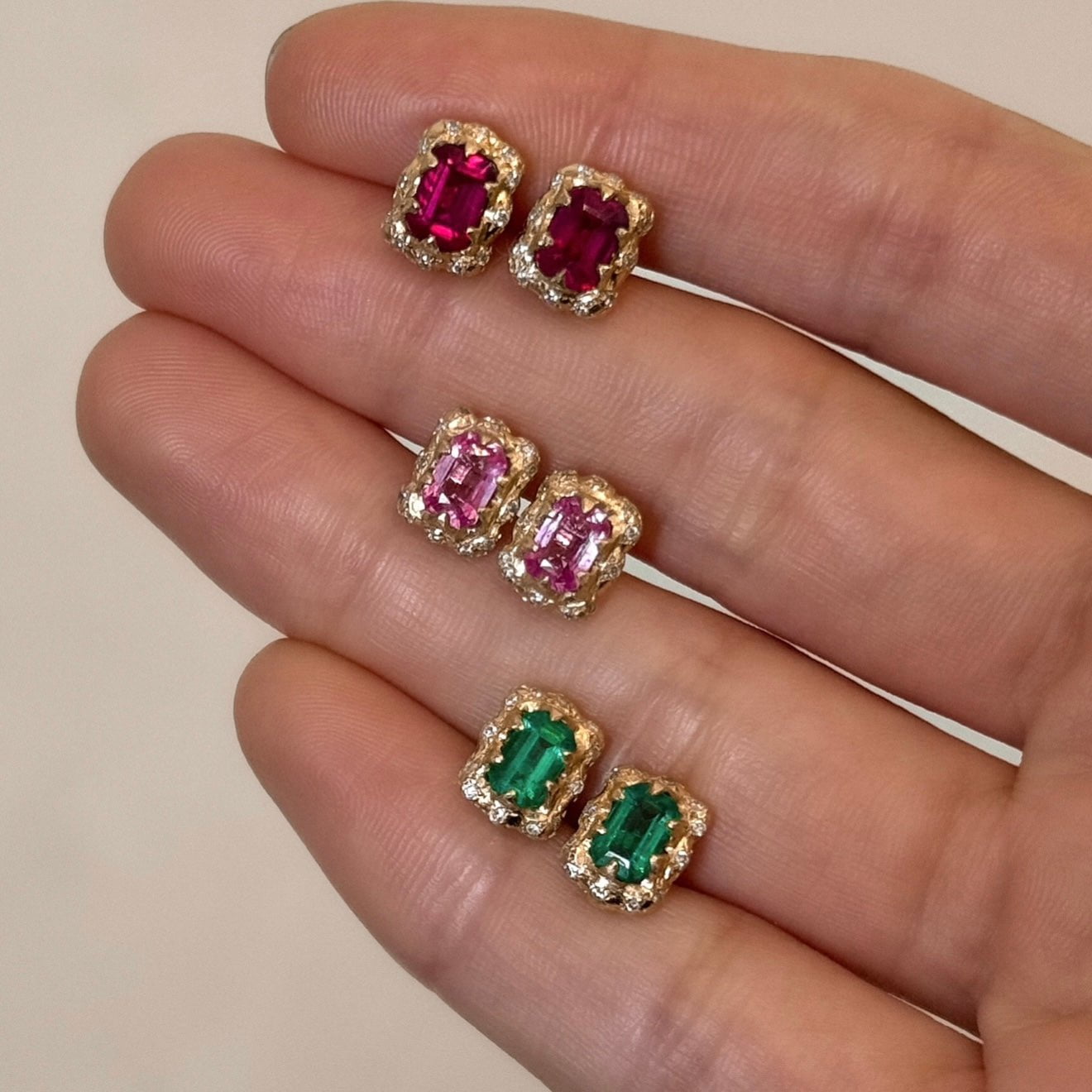 Micro Queen Emerald Cut Emerald Earrings with Sprinkled Diamonds by Logan Hollowell Jewelry