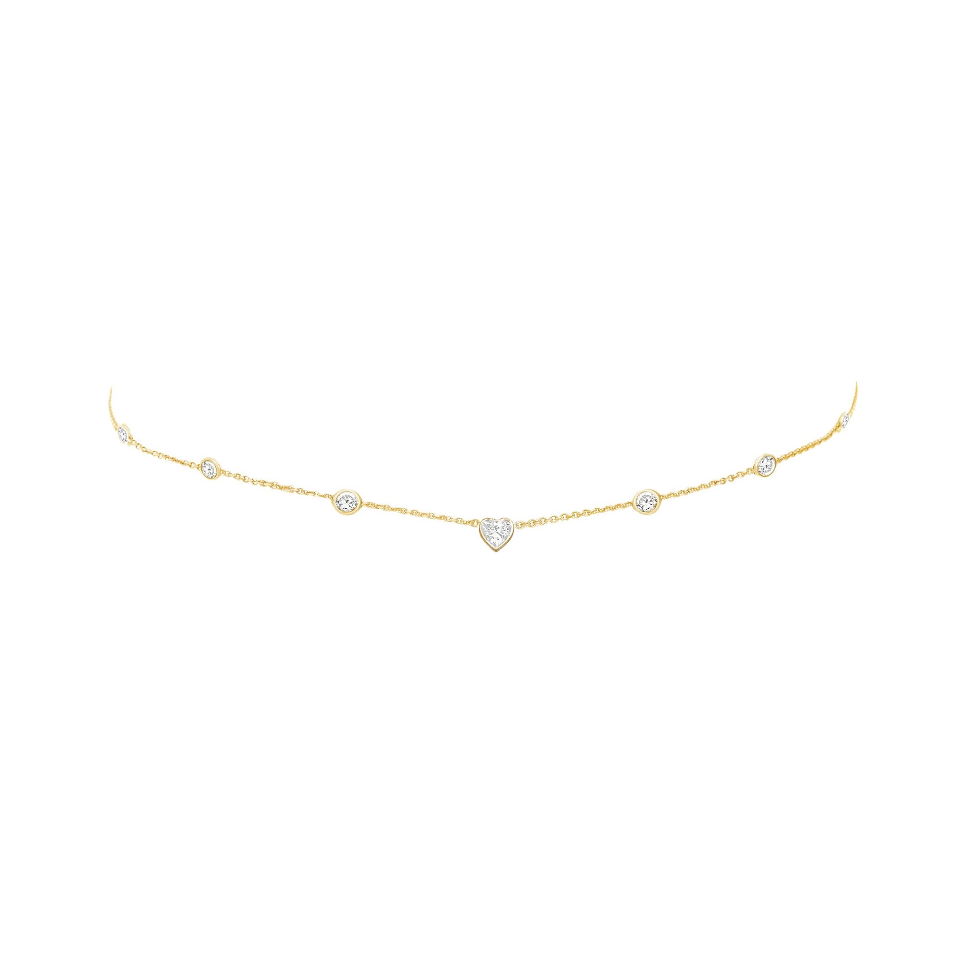 5 or 7 Diamond Heart of Light Orbit Choker with Heart Center 14"-15" Yellow Gold 7 Diamond by Logan Hollowell Jewelry