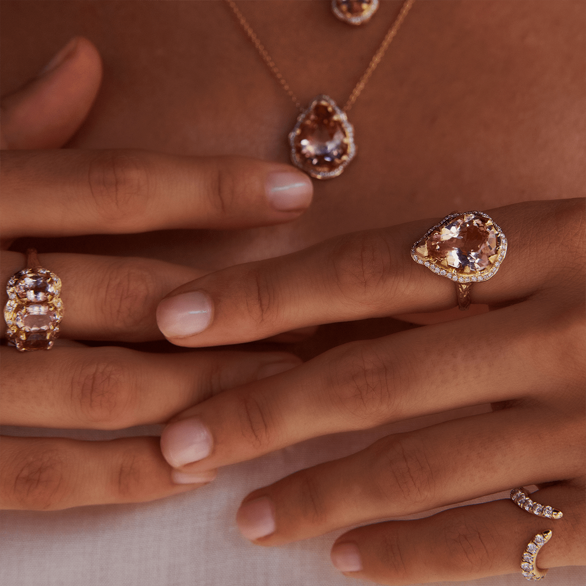 Queen Water Drop Morganite Ring with Full Pavé Halo | Ready to Ship by Logan Hollowell Jewelry