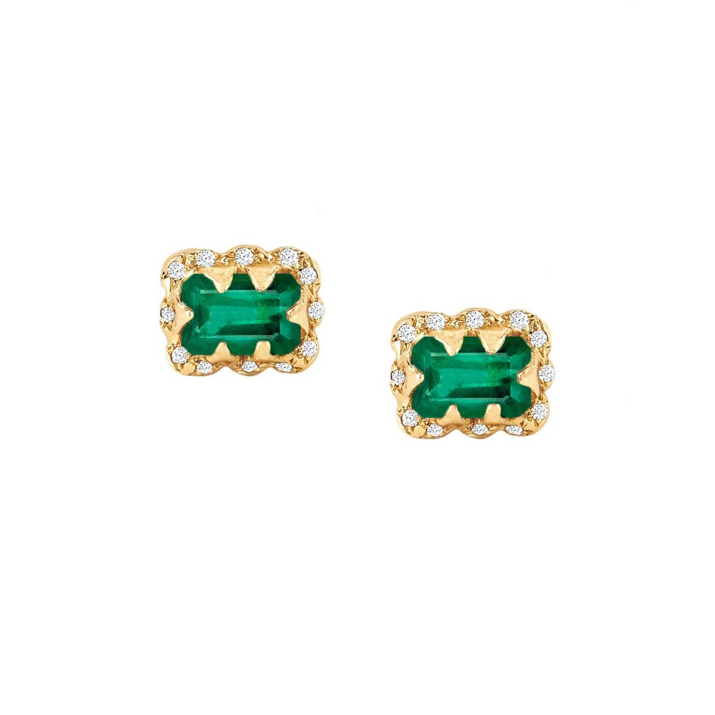 Micro Queen Emerald Cut Emerald Earrings with Sprinkled Diamonds | Ready to Ship Yellow Gold Pair by Logan Hollowell Jewelry