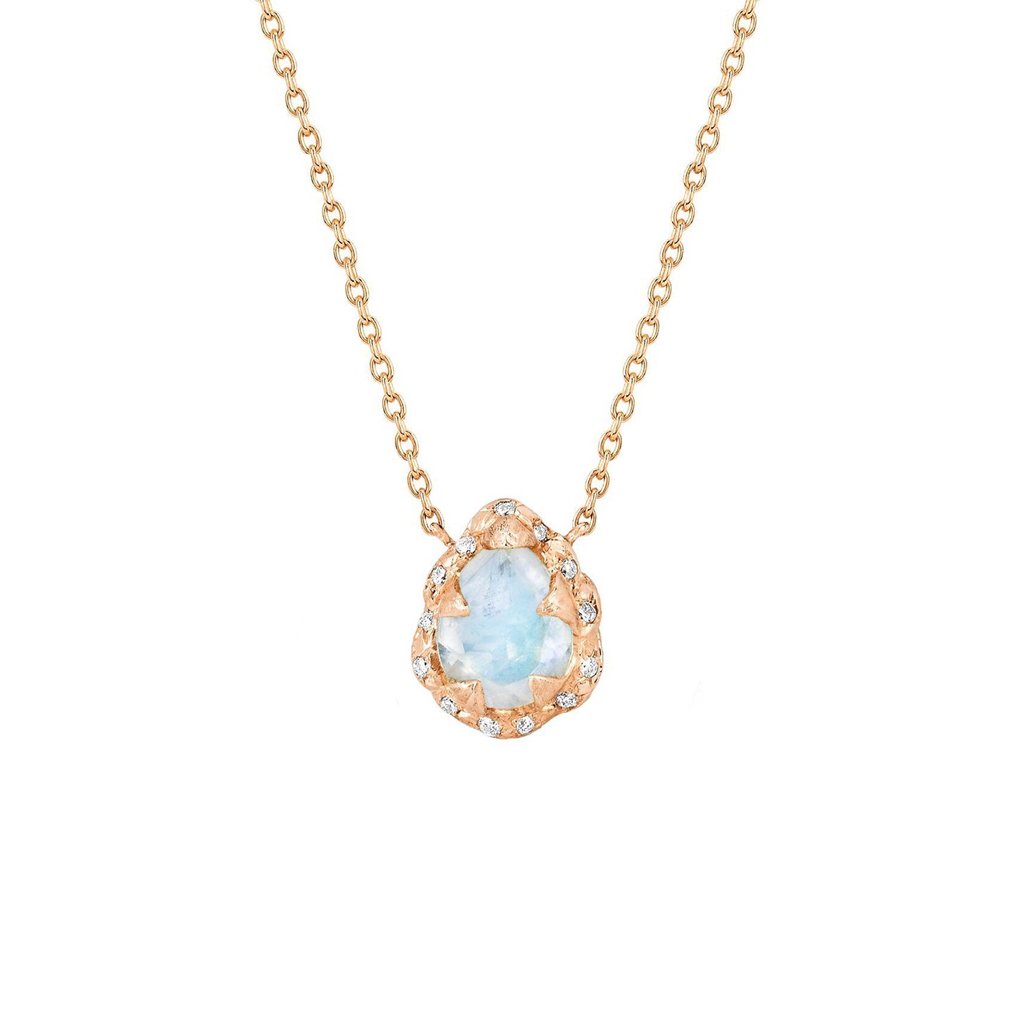 Micro Queen Water Drop Moonstone Necklace with Sprinkled Diamonds Rose Gold 16"  by Logan Hollowell Jewelry