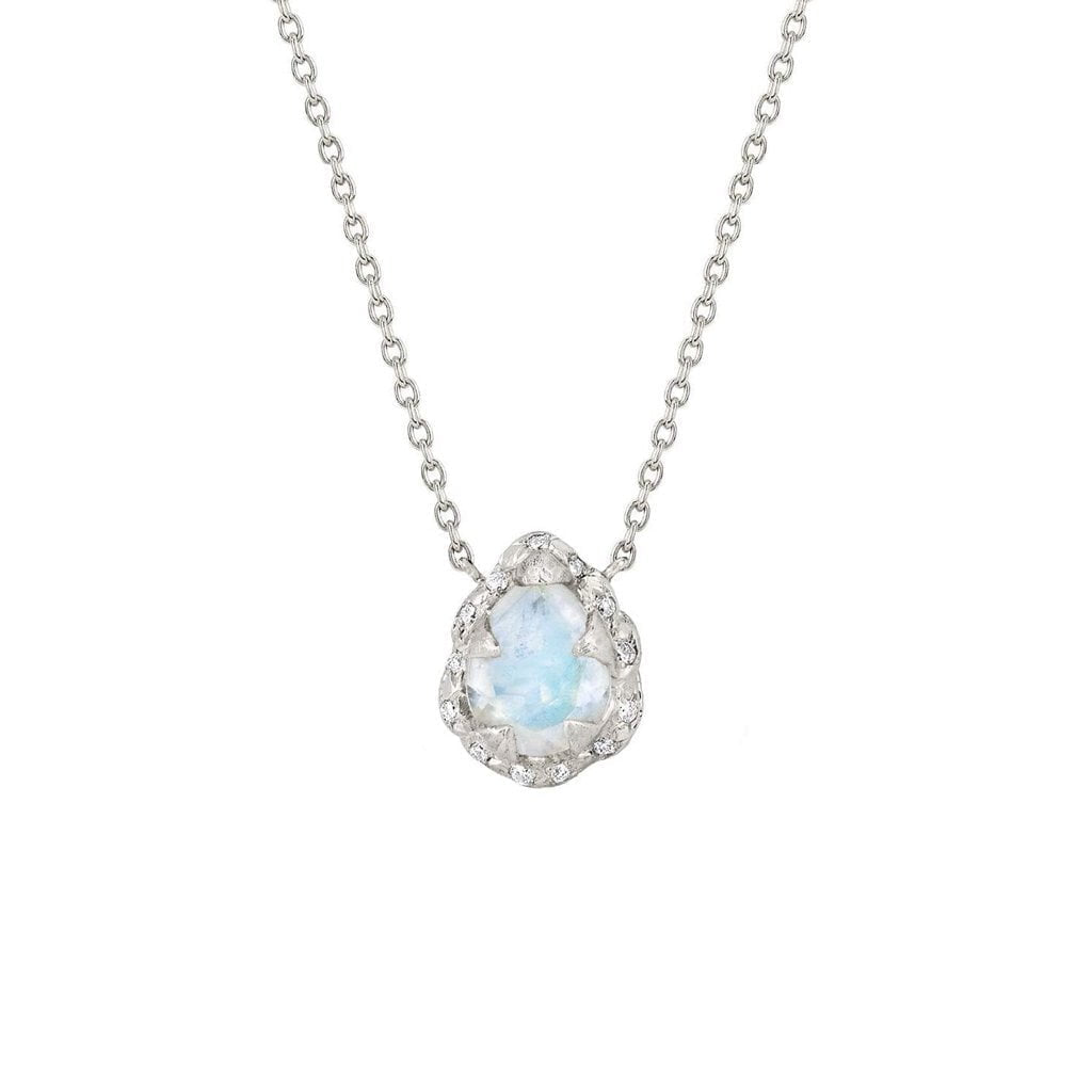 Micro Queen Water Drop Moonstone Necklace with Sprinkled Diamonds White Gold 16"  by Logan Hollowell Jewelry