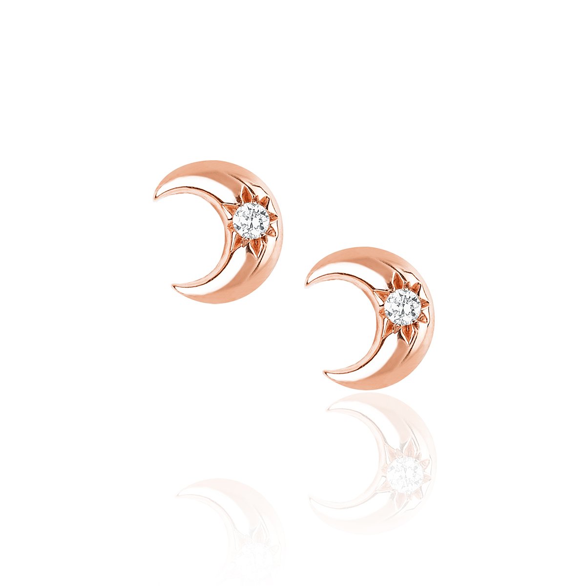 Crescent Studs with Star Set Diamond Rose Gold Pair by Logan Hollowell Jewelry