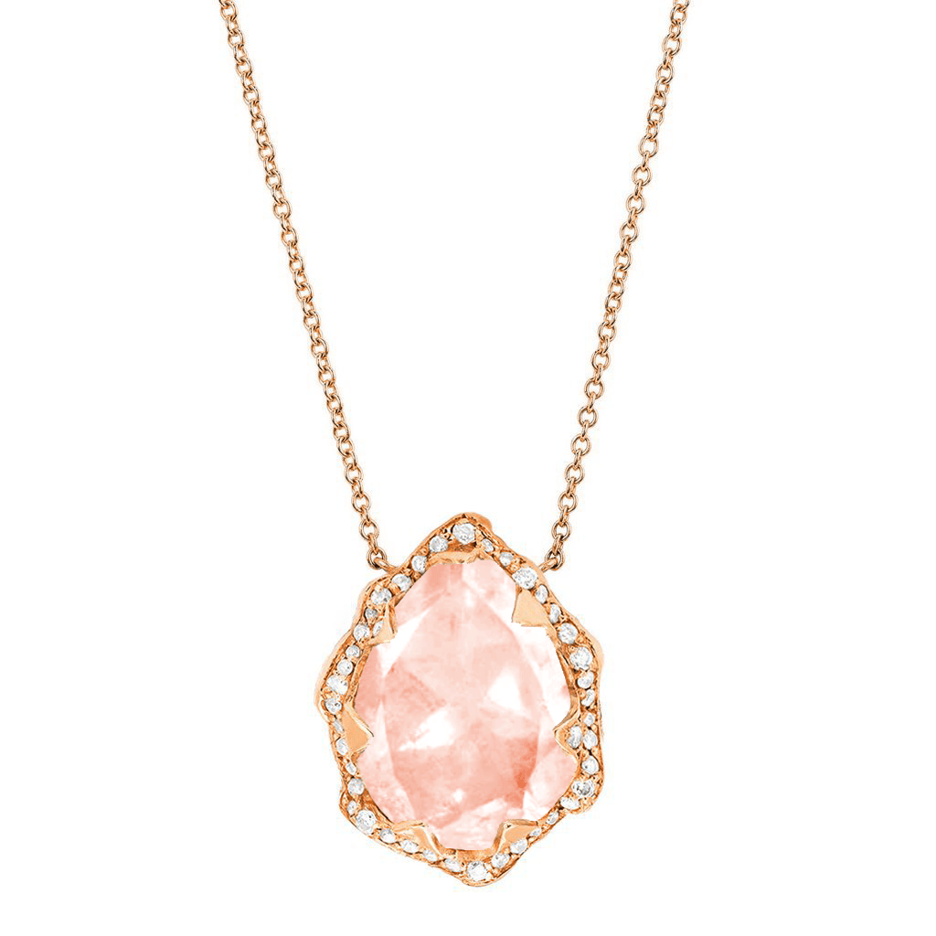 Queen Water Drop Morganite Necklace with Full Pavé Halo Rose Gold   by Logan Hollowell Jewelry
