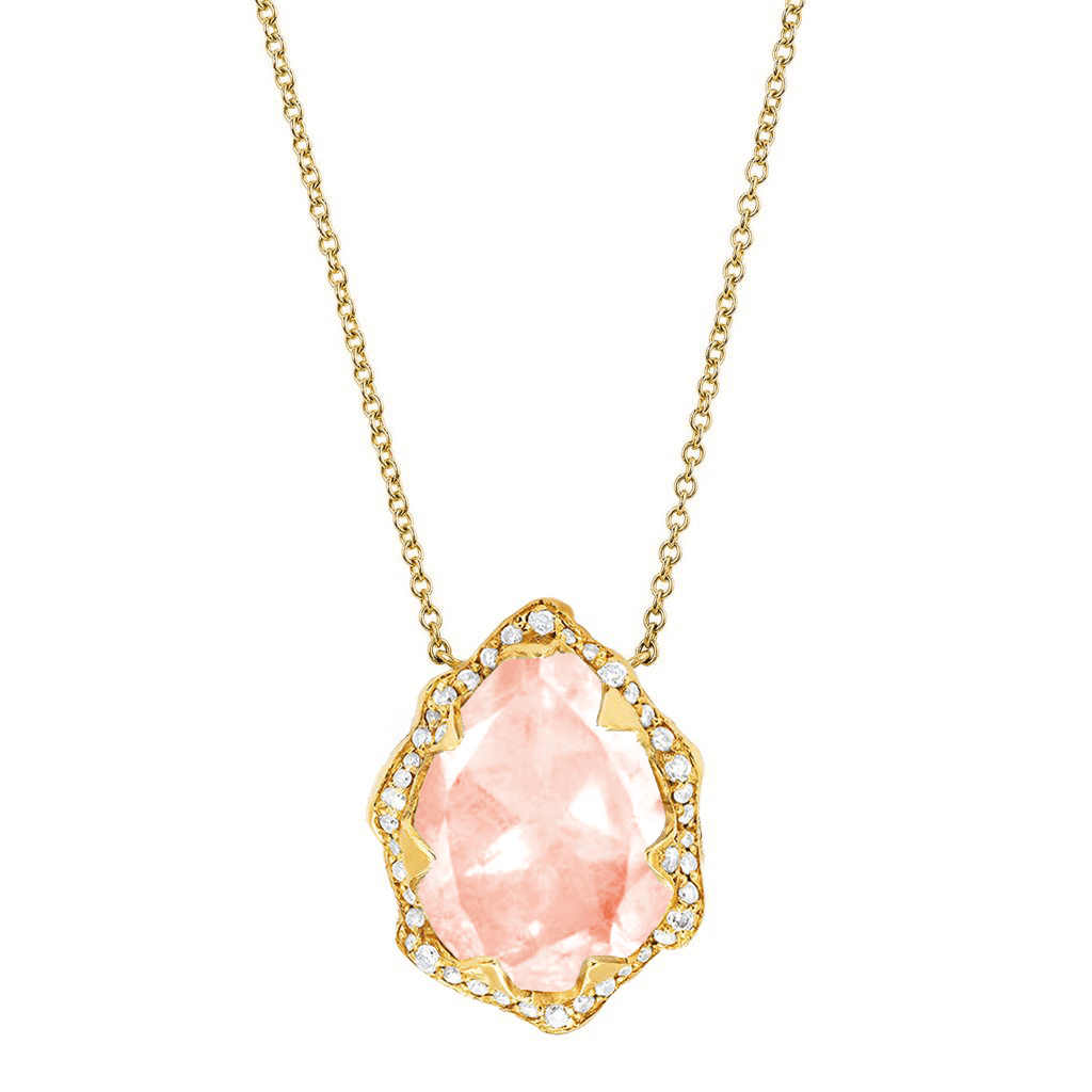 Queen Water Drop Morganite Necklace with Full Pavé Halo | Ready to Ship Yellow Gold by Logan Hollowell Jewelry
