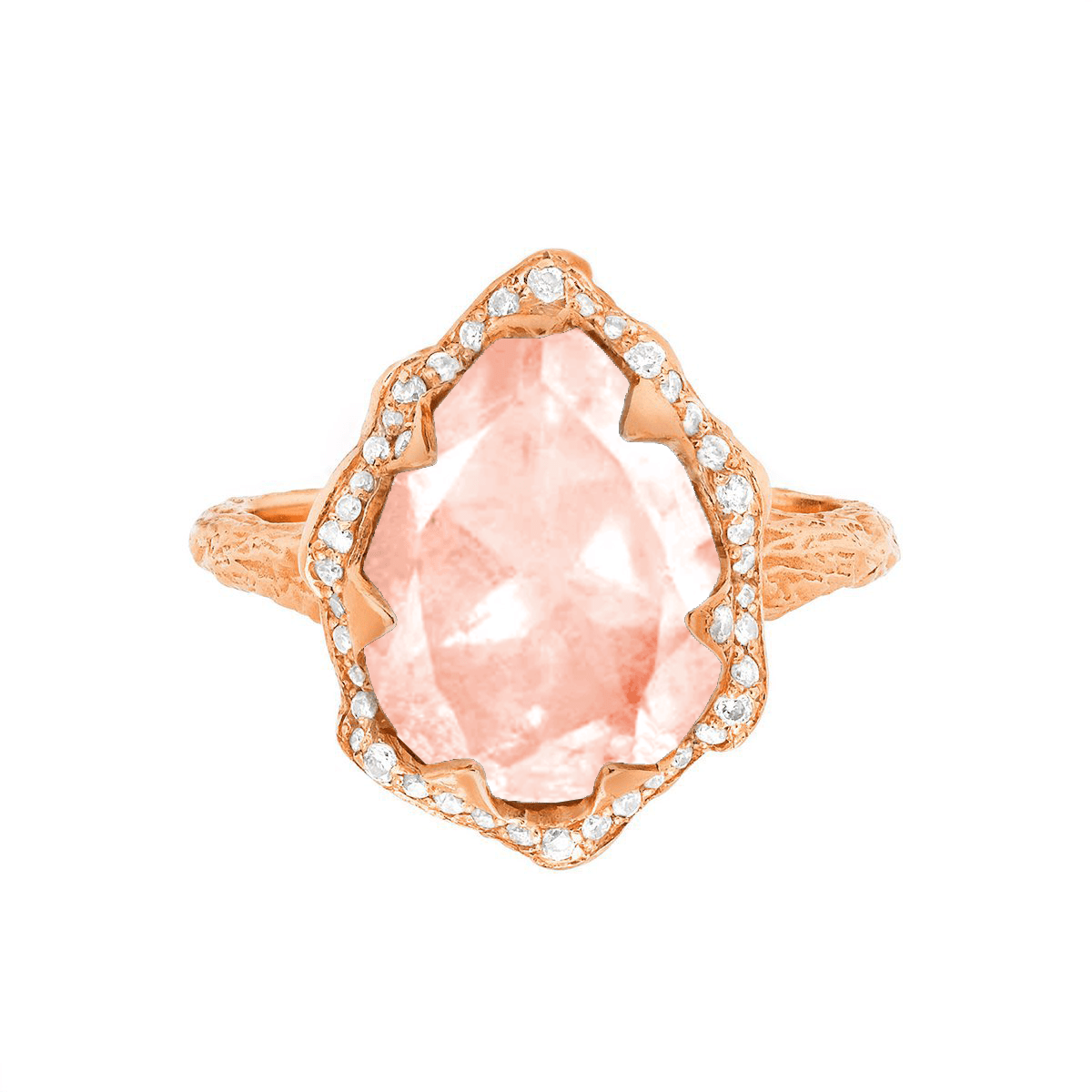 Queen Water Drop Morganite Ring with Full Pavé Halo | Ready to Ship by Logan Hollowell Jewelry