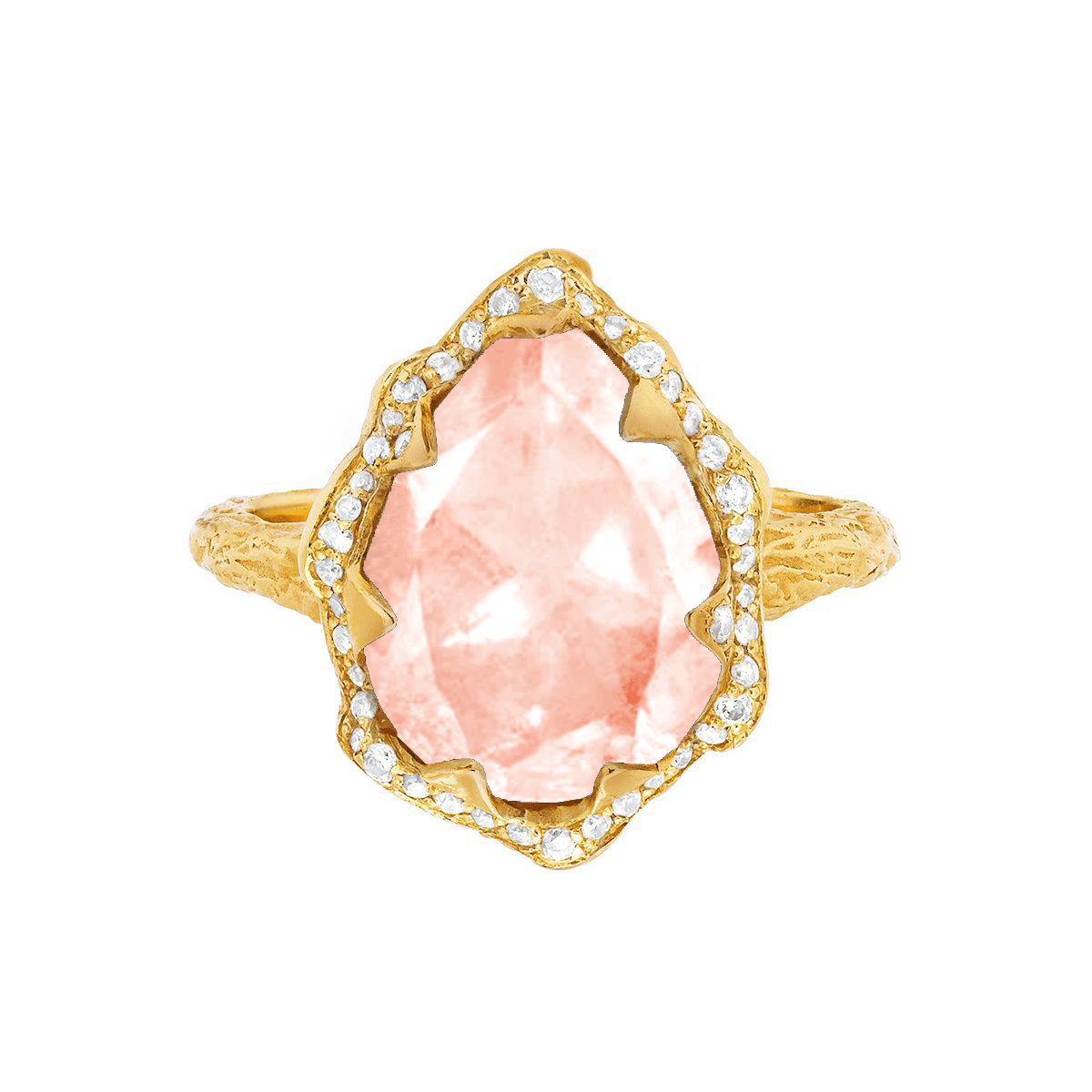 Queen Water Drop Morganite Ring with Full Pavé Halo | Ready to Ship Yellow Gold 7 by Logan Hollowell Jewelry