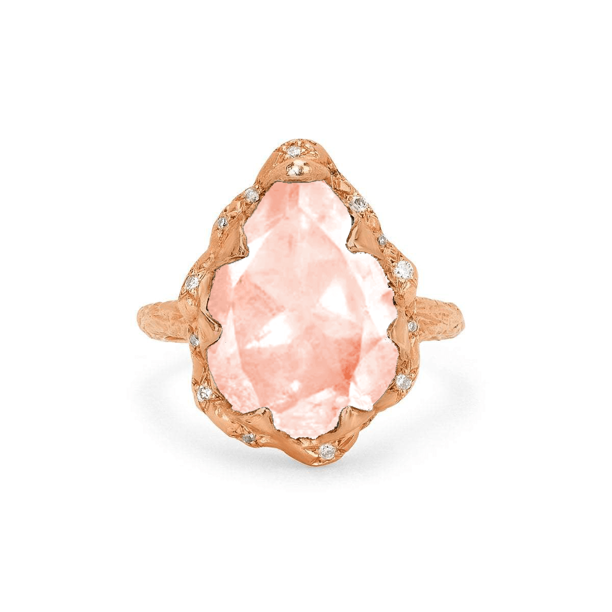 Queen Water Drop Morganite Ring with Sprinkled Diamonds Rose Gold 3  by Logan Hollowell Jewelry