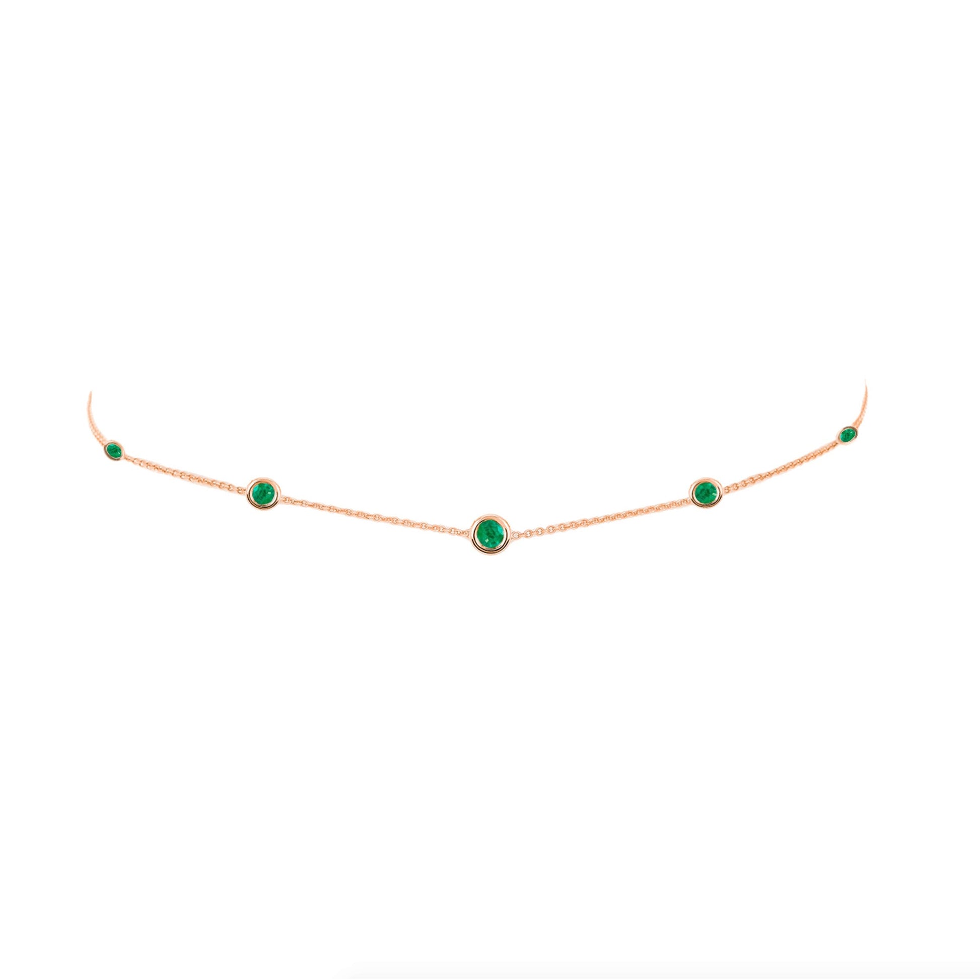 5 or 7 Emerald Orbit Bezel Choker 5 Emeralds Rose Gold 14-15" by Logan Hollowell Jewelry