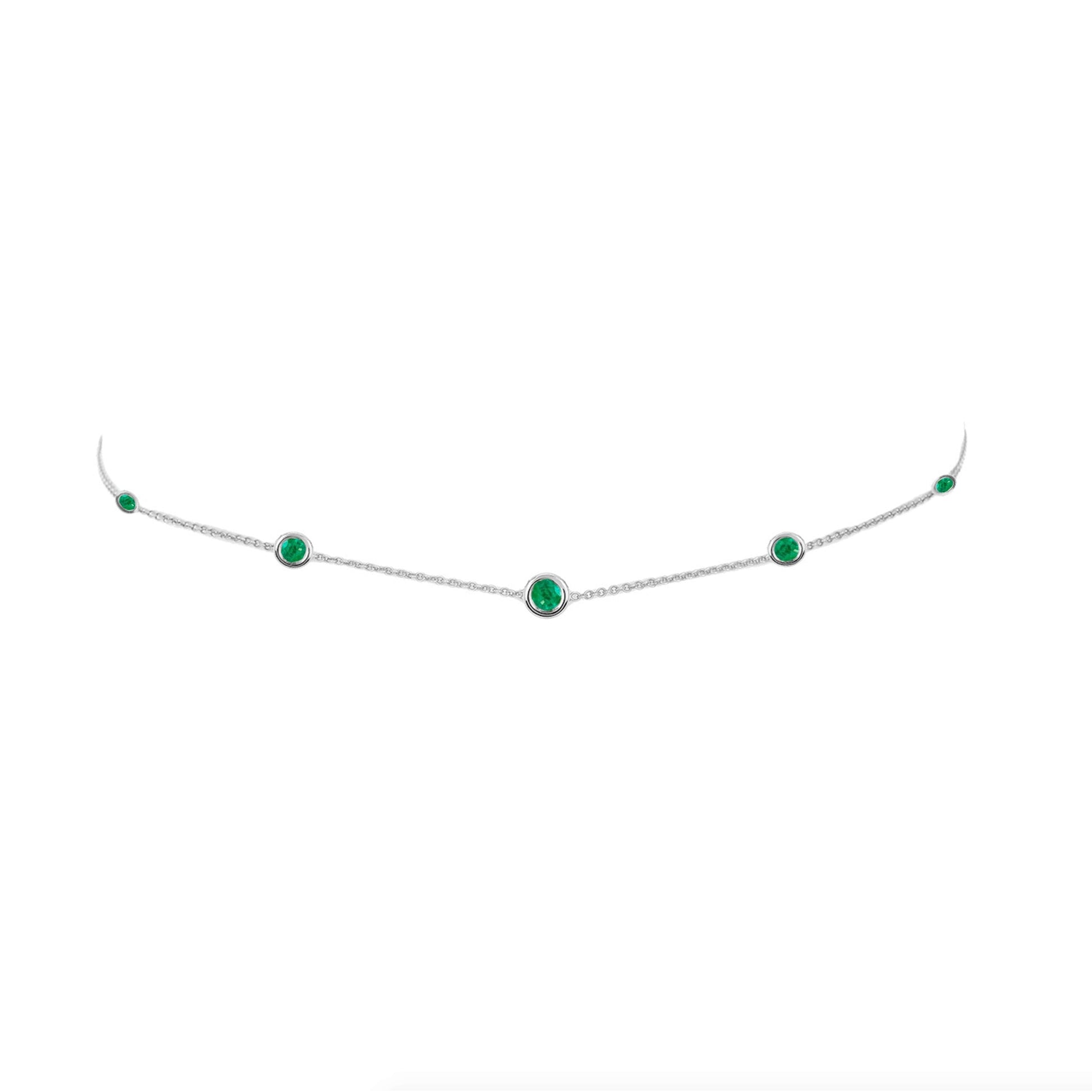 5 or 7 Emerald Orbit Bezel Choker 5 Emeralds White Gold 14-15" by Logan Hollowell Jewelry