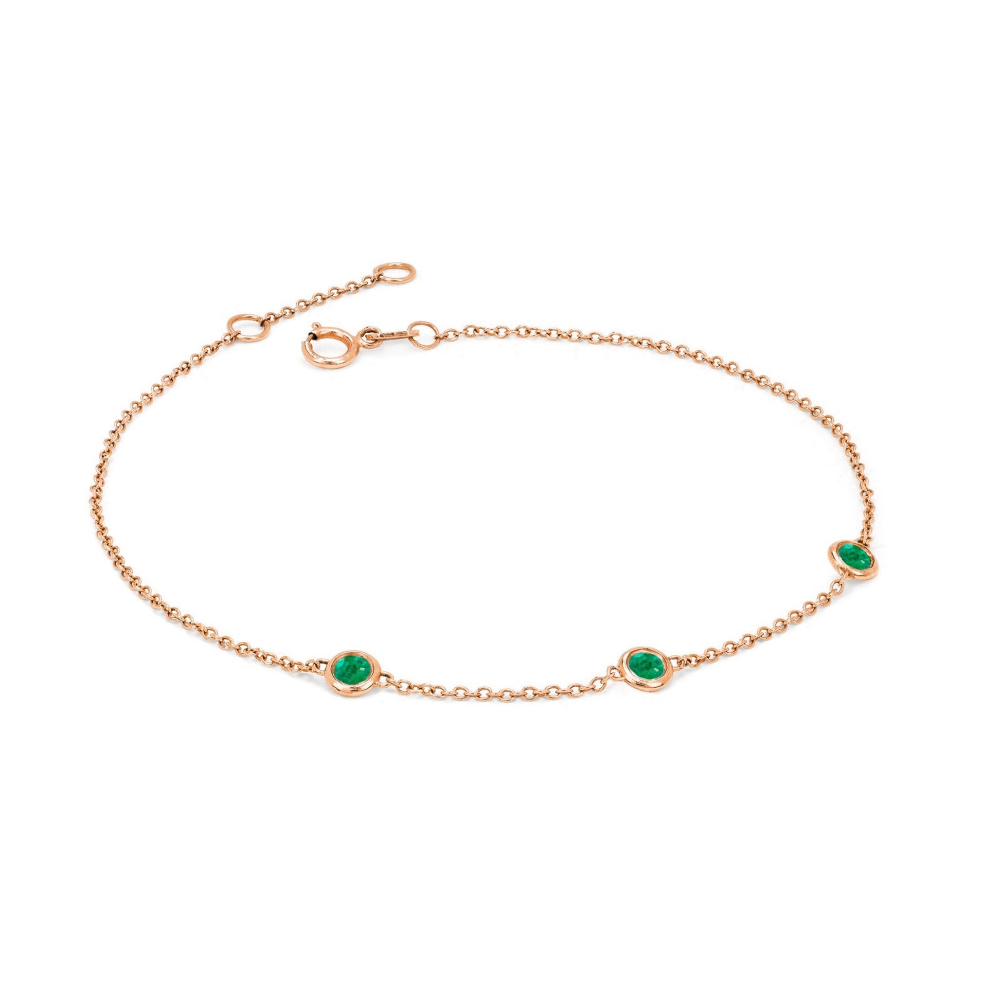 3 Emerald Orbit Bezel Bracelet Rose Gold   by Logan Hollowell Jewelry