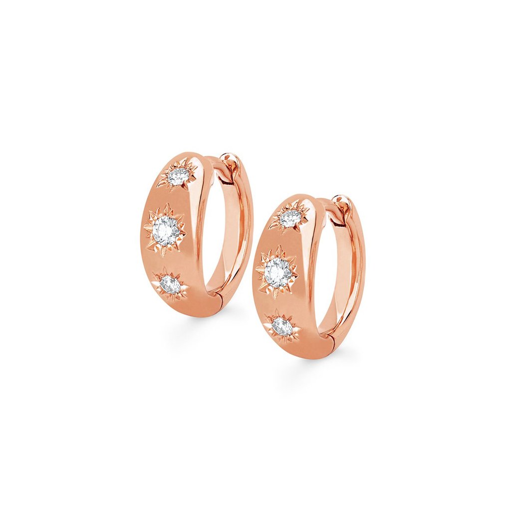 Three Star Set Rounded Diamond Huggies Rose Gold Pair  by Logan Hollowell Jewelry