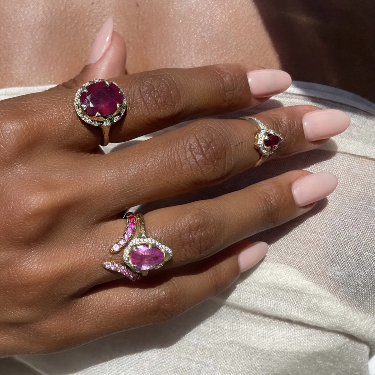 Baby Queen Water Drop Pink Sapphire Ring with Sprinkled Diamonds    by Logan Hollowell Jewelry