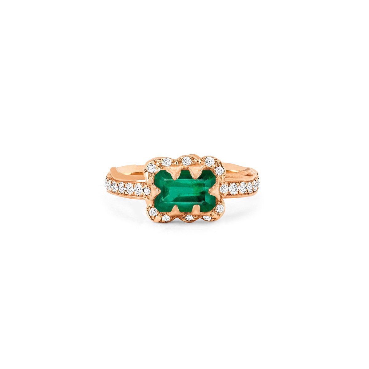 Micro Queen Emerald Cut Emerald Ring with Sprinkled Diamonds 3 Rose Gold  by Logan Hollowell Jewelry