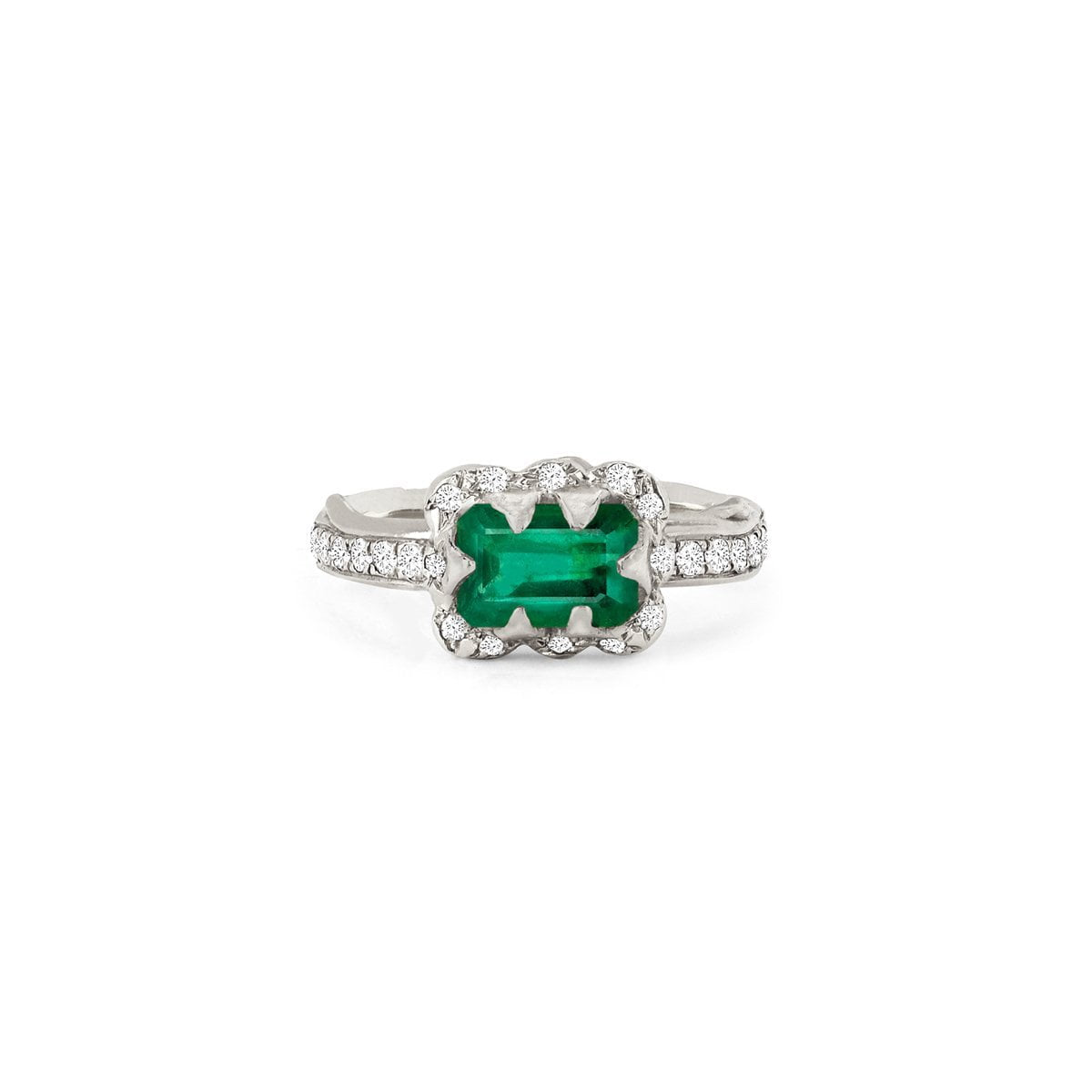 Micro Queen Emerald Cut Emerald Ring with Sprinkled Diamonds 3 White Gold  by Logan Hollowell Jewelry
