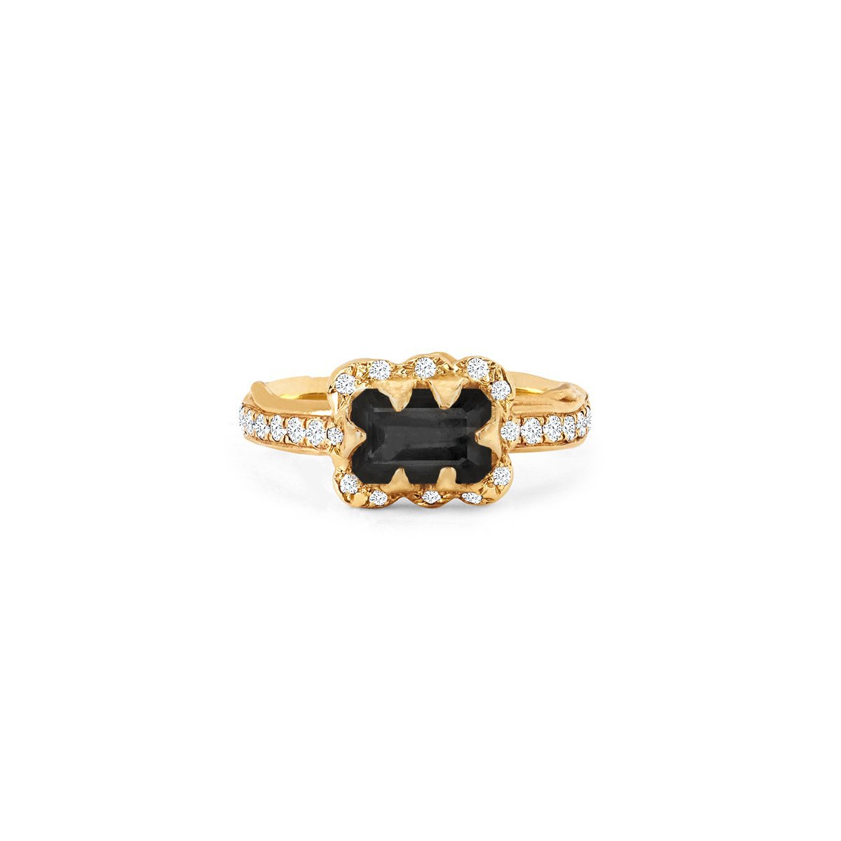 Micro Queen Emerald Cut Onyx Ring with Sprinkled Diamonds Yellow Gold Pavé Diamond Band 3 by Logan Hollowell Jewelry