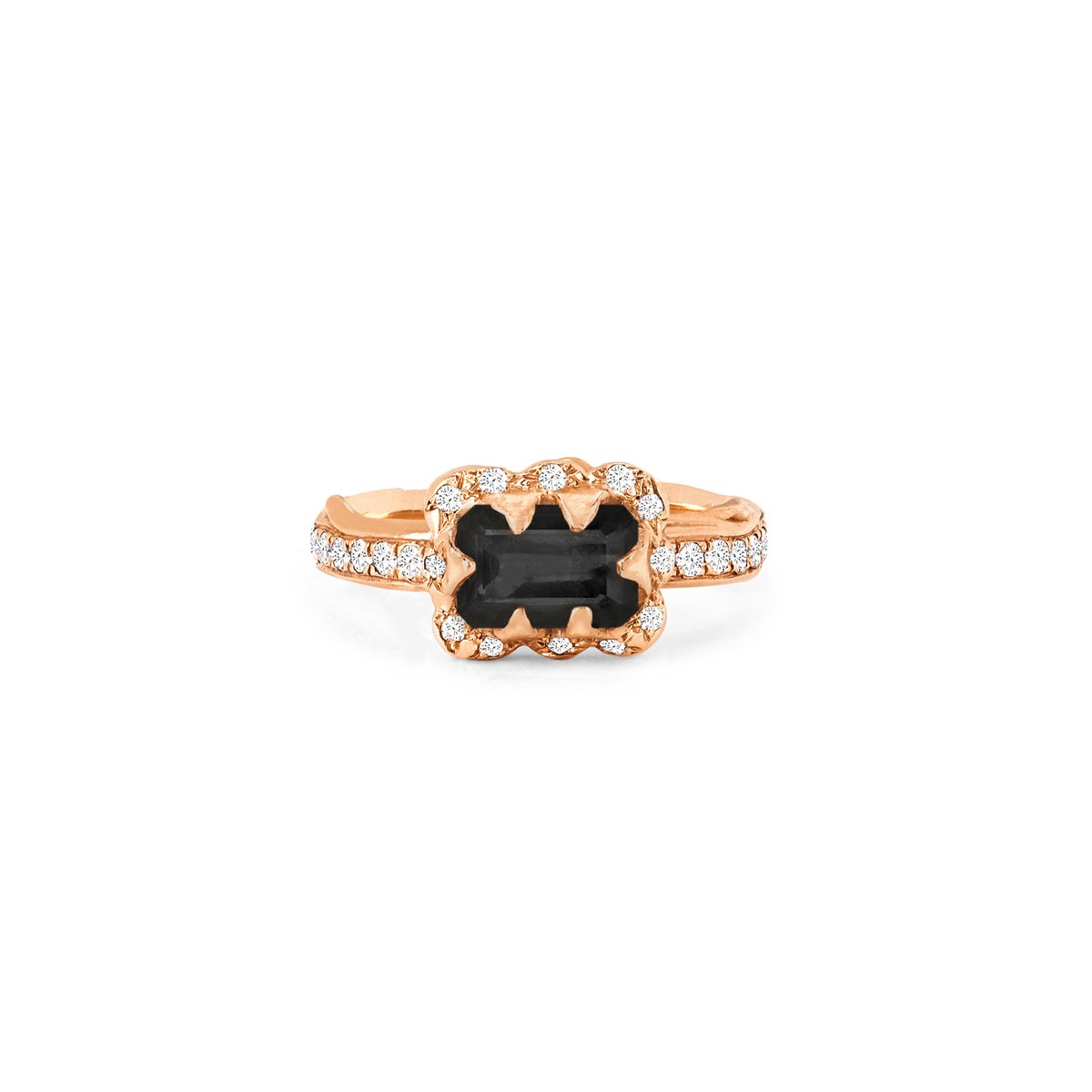 Micro Queen Emerald Cut Onyx Ring with Sprinkled Diamonds Rose Gold Pavé Diamond Band 3 by Logan Hollowell Jewelry
