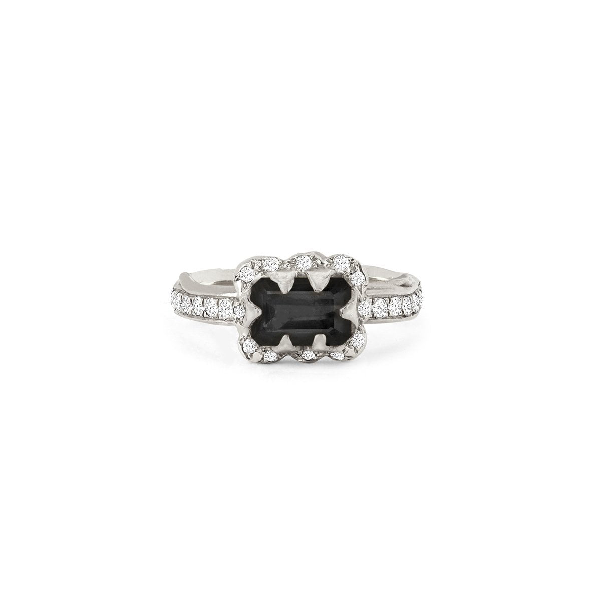 Micro Queen Emerald Cut Onyx Ring with Sprinkled Diamonds by Logan Hollowell Jewelry