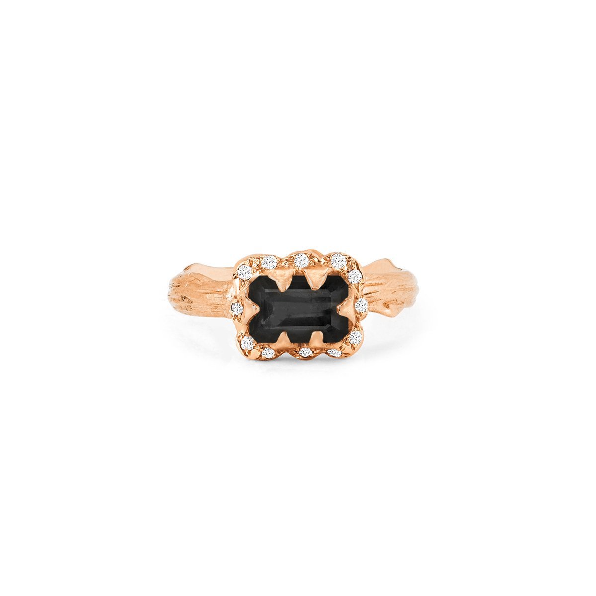 Micro Queen Emerald Cut Onyx Ring with Sprinkled Diamonds Rose Gold Solid Band 3 by Logan Hollowell Jewelry