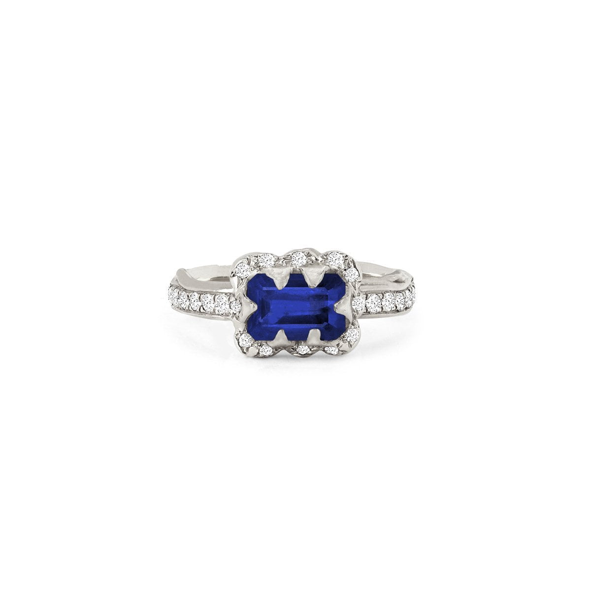 Micro Queen Emerald Cut Sapphire Rose Thorn Ring with Sprinkled Diamonds Pavé Diamond Band White Gold 3 by Logan Hollowell Jewelry