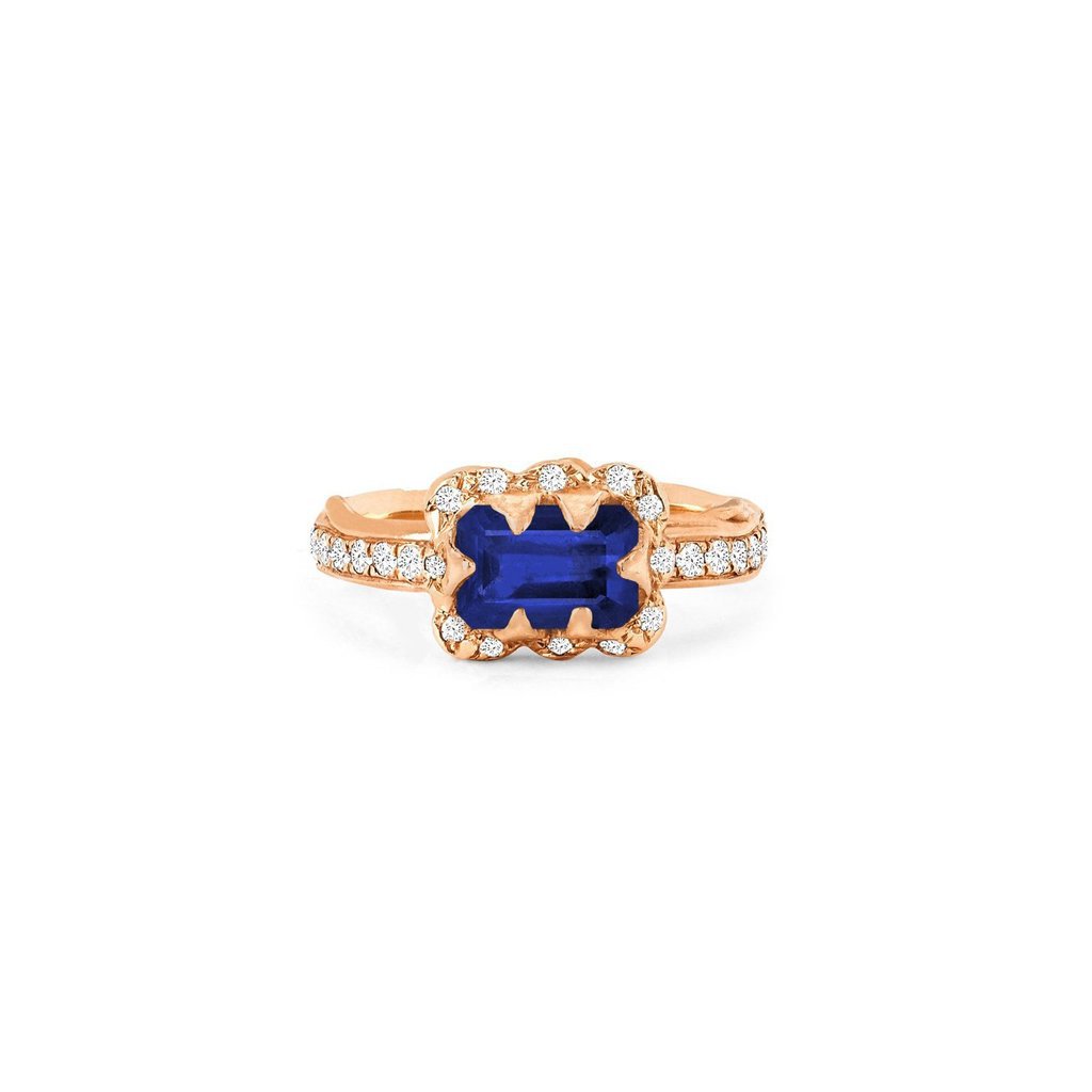 Micro Queen Emerald Cut Sapphire Rose Thorn Ring with Sprinkled Diamonds Pavé Diamond Band Rose Gold 3 by Logan Hollowell Jewelry