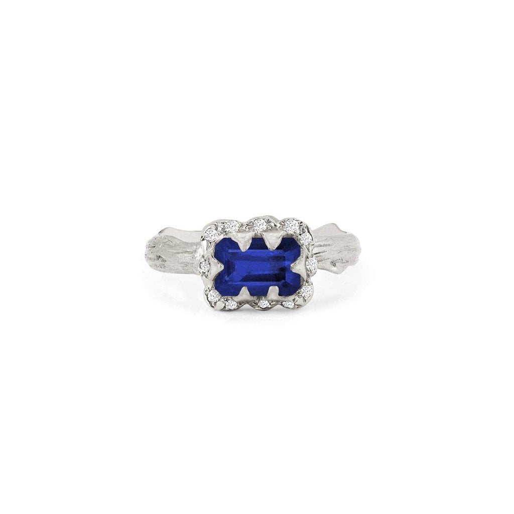 Micro Queen Emerald Cut Sapphire Rose Thorn Ring with Sprinkled Diamonds by Logan Hollowell Jewelry