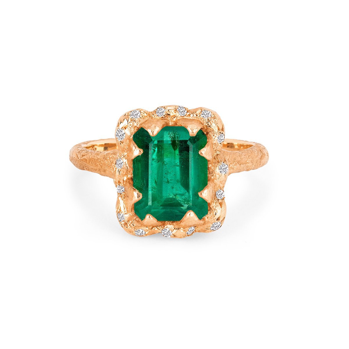 Queen Emerald Cut Emerald Ring with Sprinkled Diamonds Rose Gold 3 by Logan Hollowell Jewelry