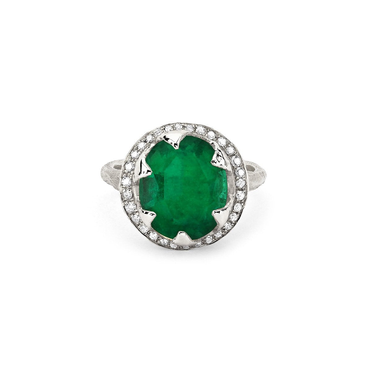 Queen Oval Colombian Emerald Ring with Full Pavé Diamond Halo White Gold 3 by Logan Hollowell Jewelry