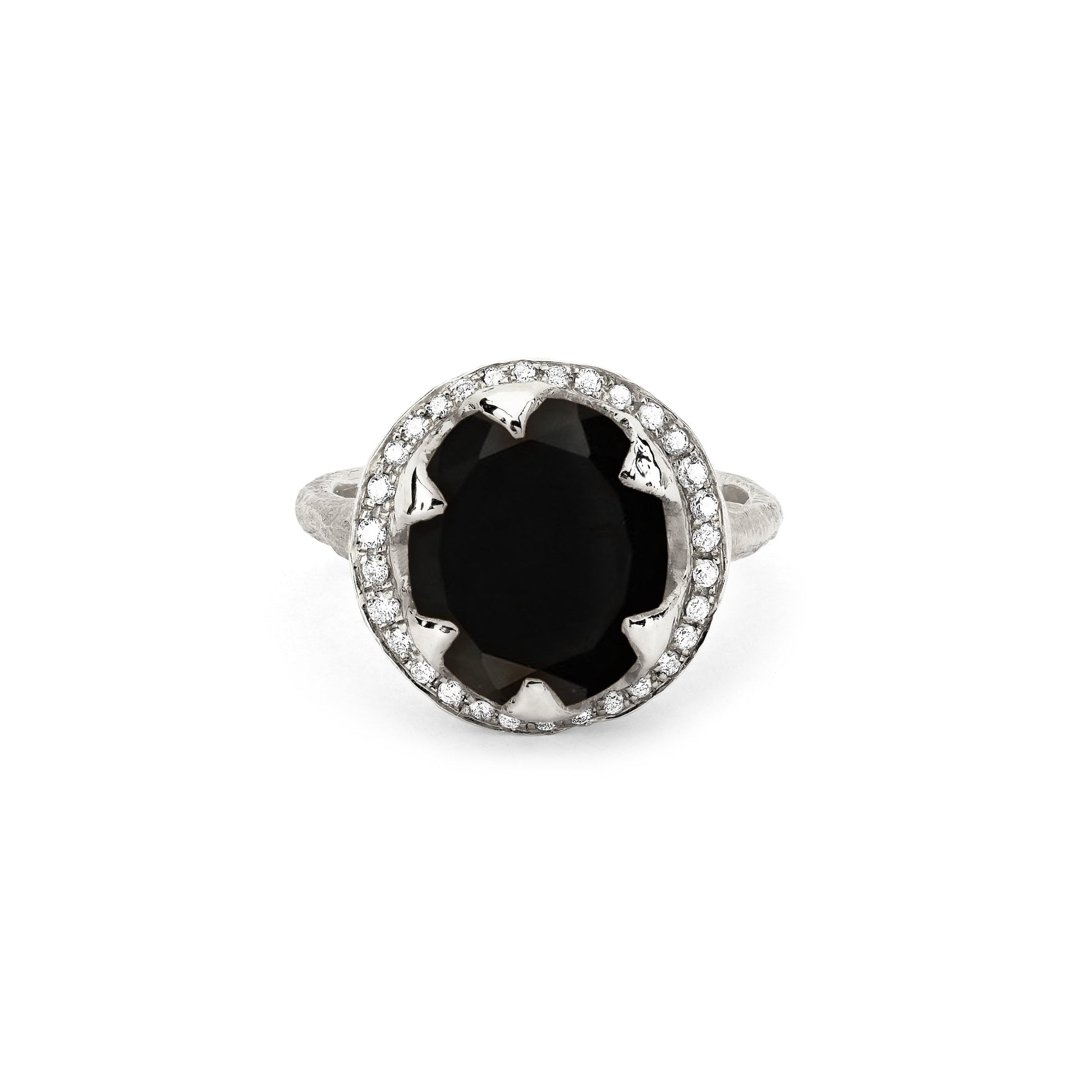Queen Oval Onyx Ring with Full Pavé Diamond Halo White Gold 3  by Logan Hollowell Jewelry