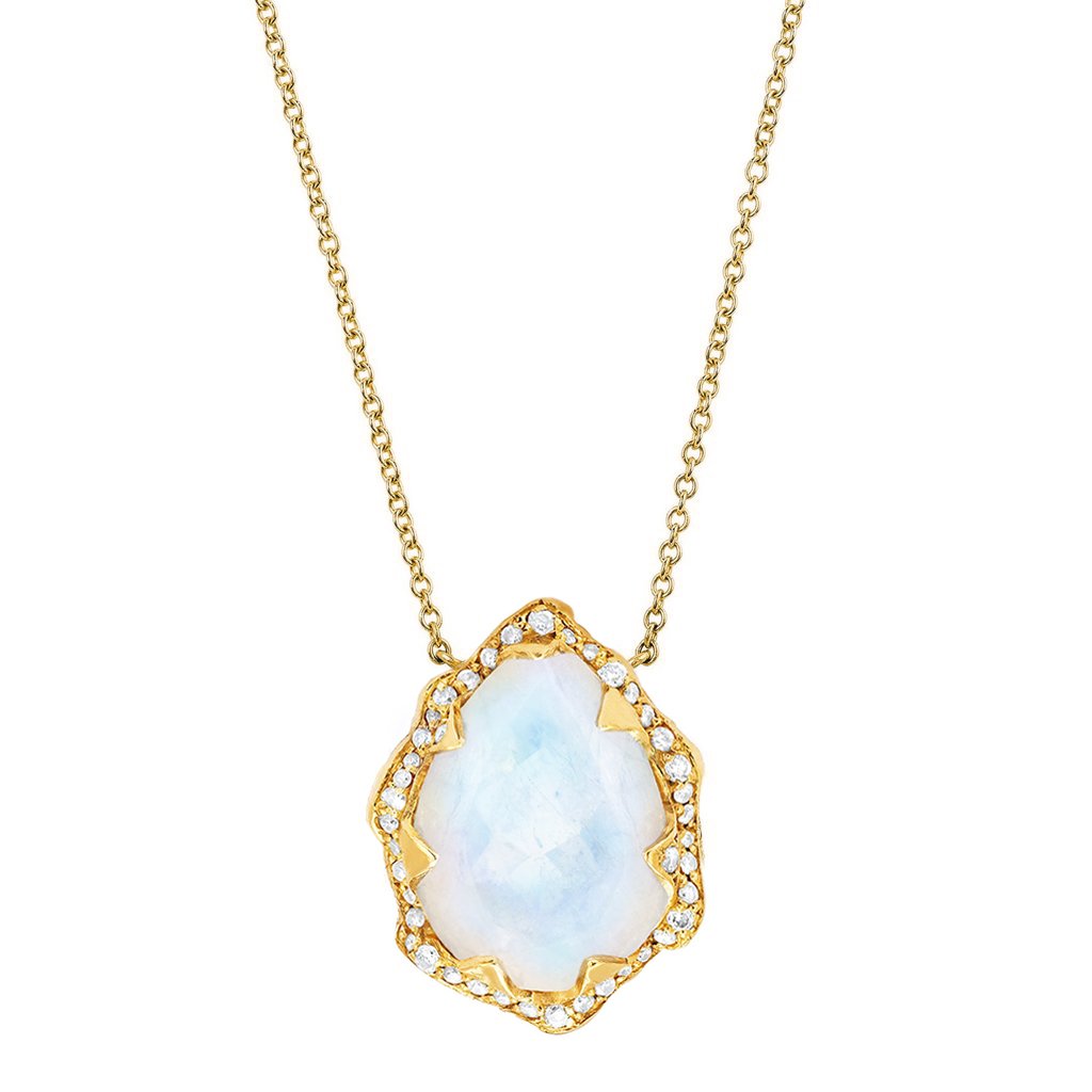 Queen Water Drop Moonstone Necklace with Full Pavé Diamond Halo Yellow Gold   by Logan Hollowell Jewelry