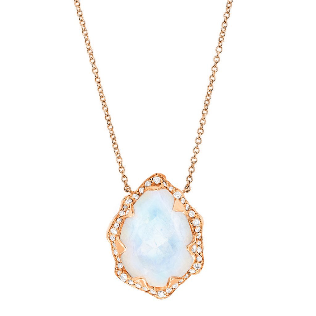 Queen Water Drop Moonstone Necklace with Full Pavé Diamond Halo Rose Gold   by Logan Hollowell Jewelry