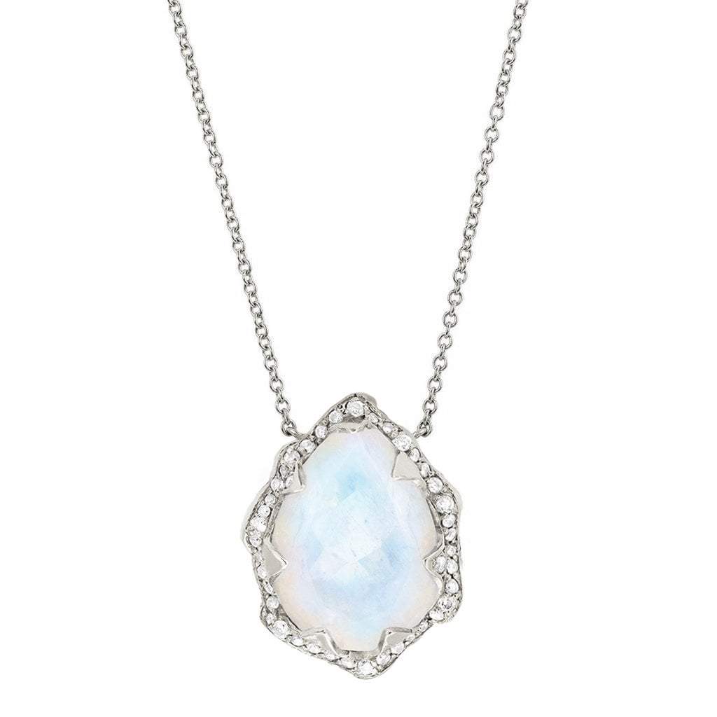Queen Water Drop Moonstone Necklace with Full Pavé Diamond Halo | Ready to Ship White Gold by Logan Hollowell Jewelry